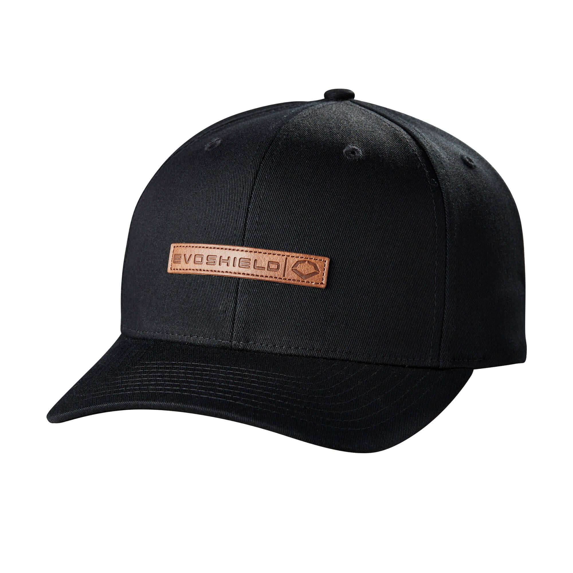 Evoshield Mocha Patch Leather Back cap in black with a stylish leather patch, perfect for all occasions.