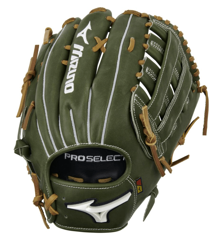 Mizuno GPS-72D Pro Select Premium Outfield Glove 12.75" RHT in green leather with white detailing and brown laces.