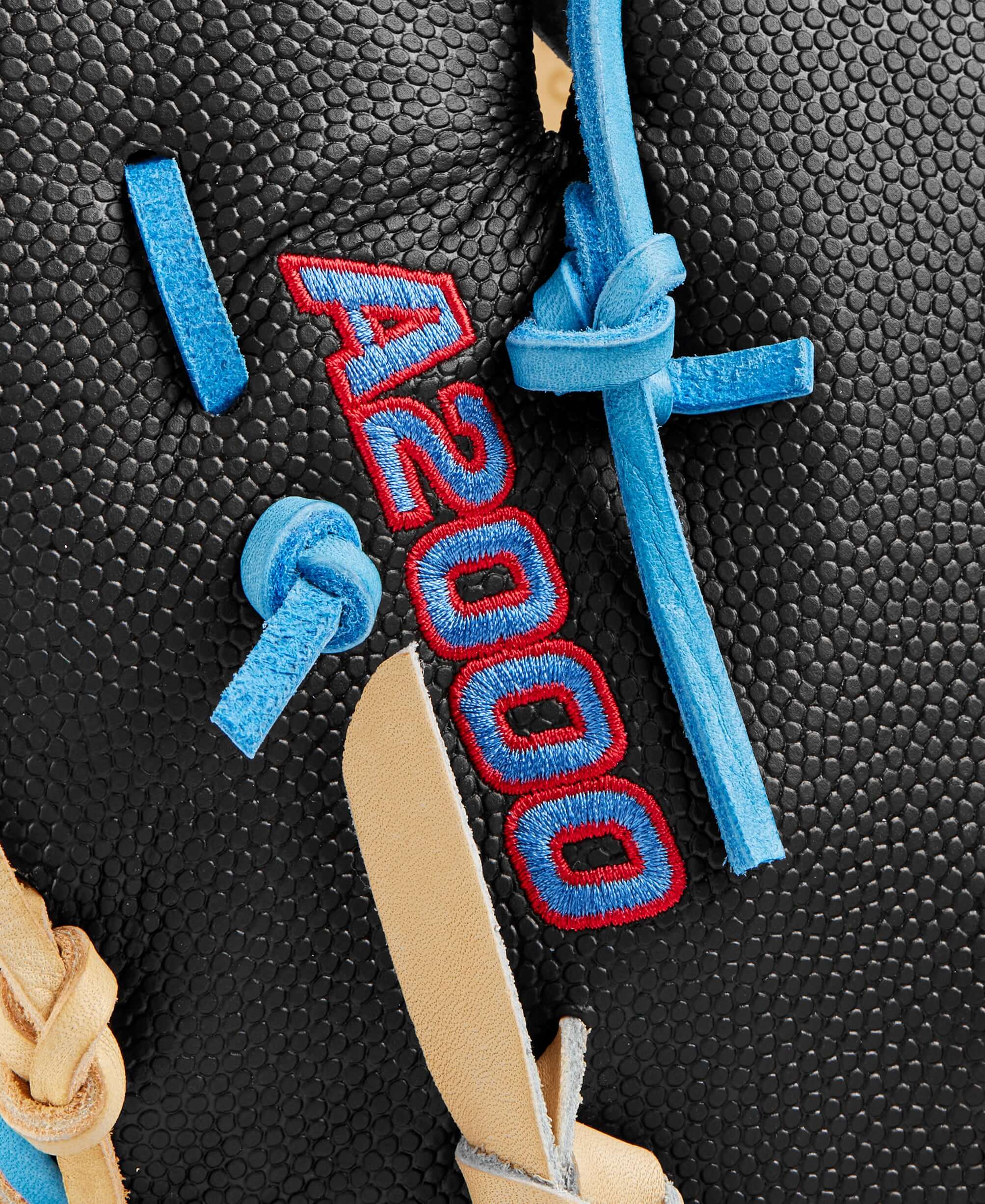 Close-up of Wilson A2000 1679SS Baseball First Base Mitt Black/Sky Blue lacing and logo detail.