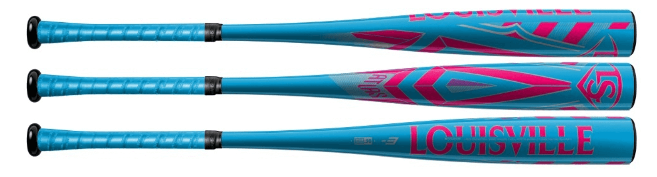 Louisville Slugger Atlas 31 Flavors Limited Edition baseball bats in blue and pink design, showcasing performance and style.