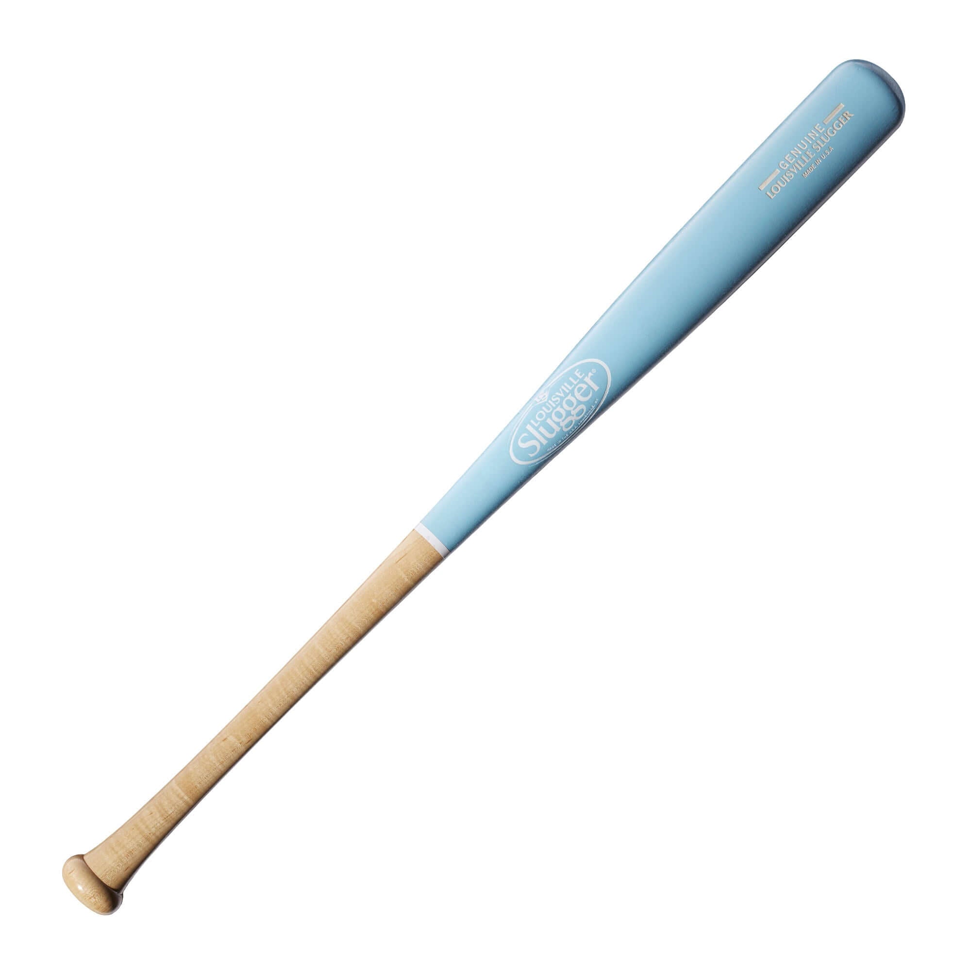 Louisville Slugger Genuine Light Blue Maple Baseball Bat with natural handle, featuring white branding and balanced swing weight.