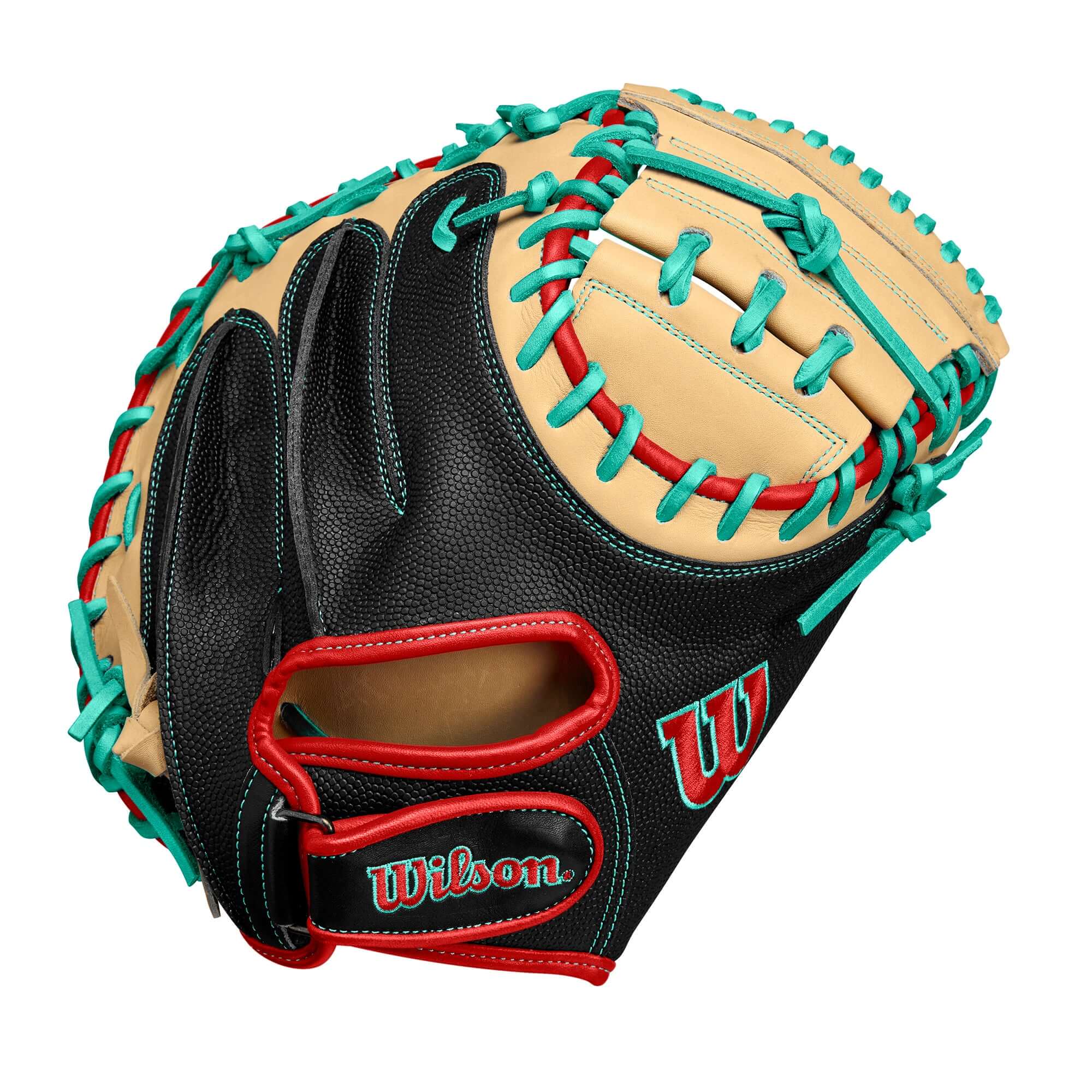 Wilson A2000 PF33 Baseball Catcher's Mitt in black and blonde with turquoise and red accents, designed for young catchers.