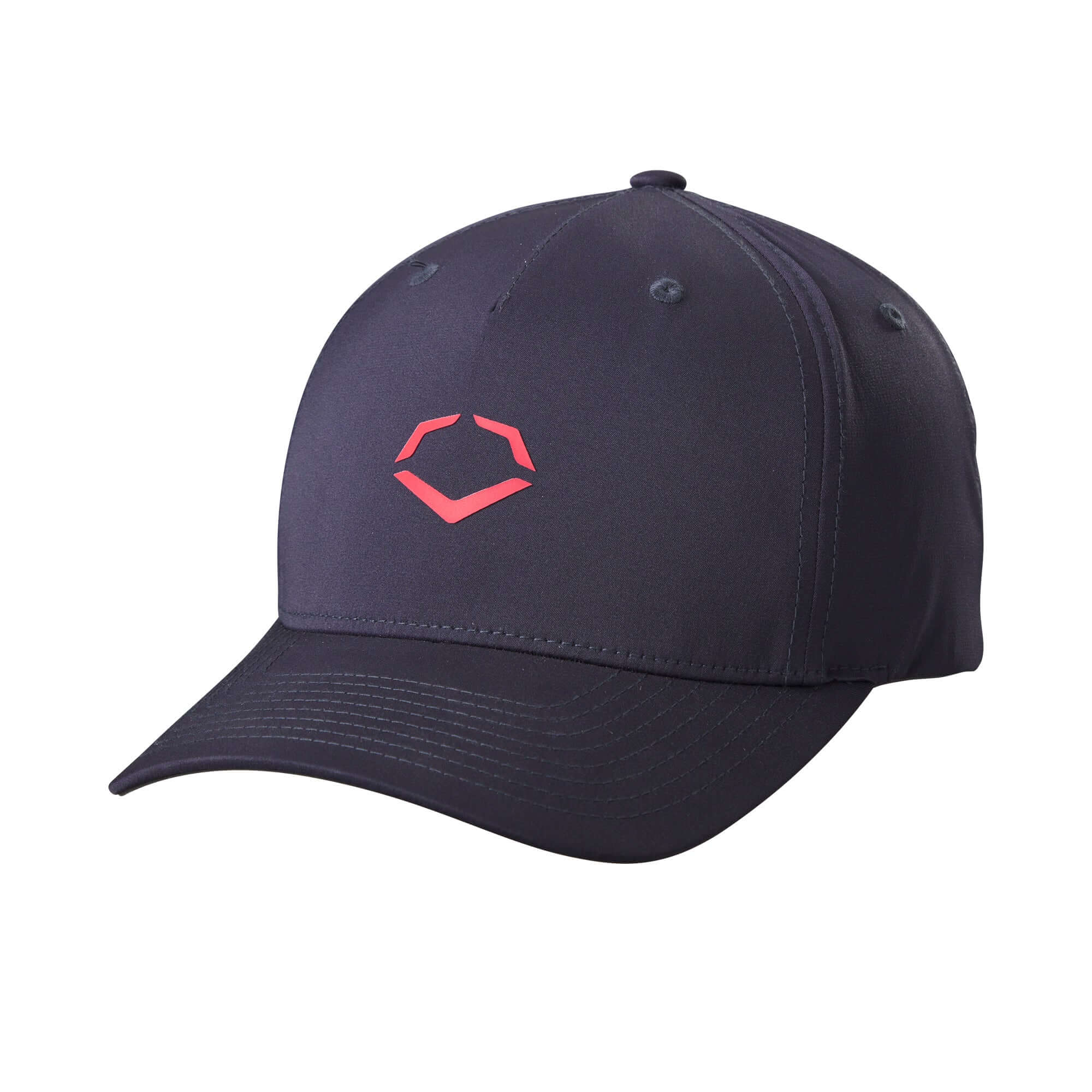 EvoShield Baseline Snapback hat in navy blue with red logo, perfect for sports and casual wear.