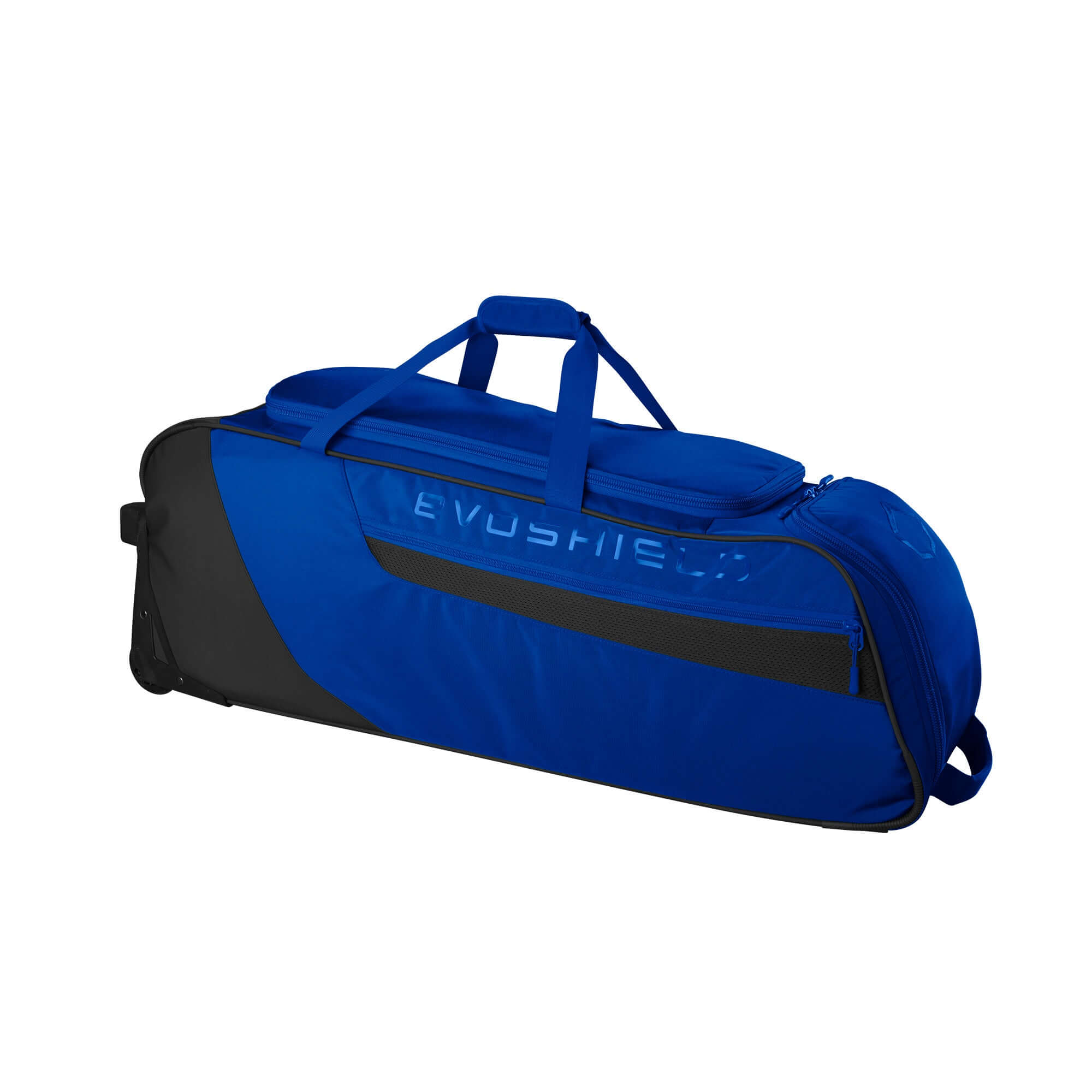 Evoshield Takeover Wheeled Bag in blue, ideal for carrying baseball gear and ensuring easy transport to the field.