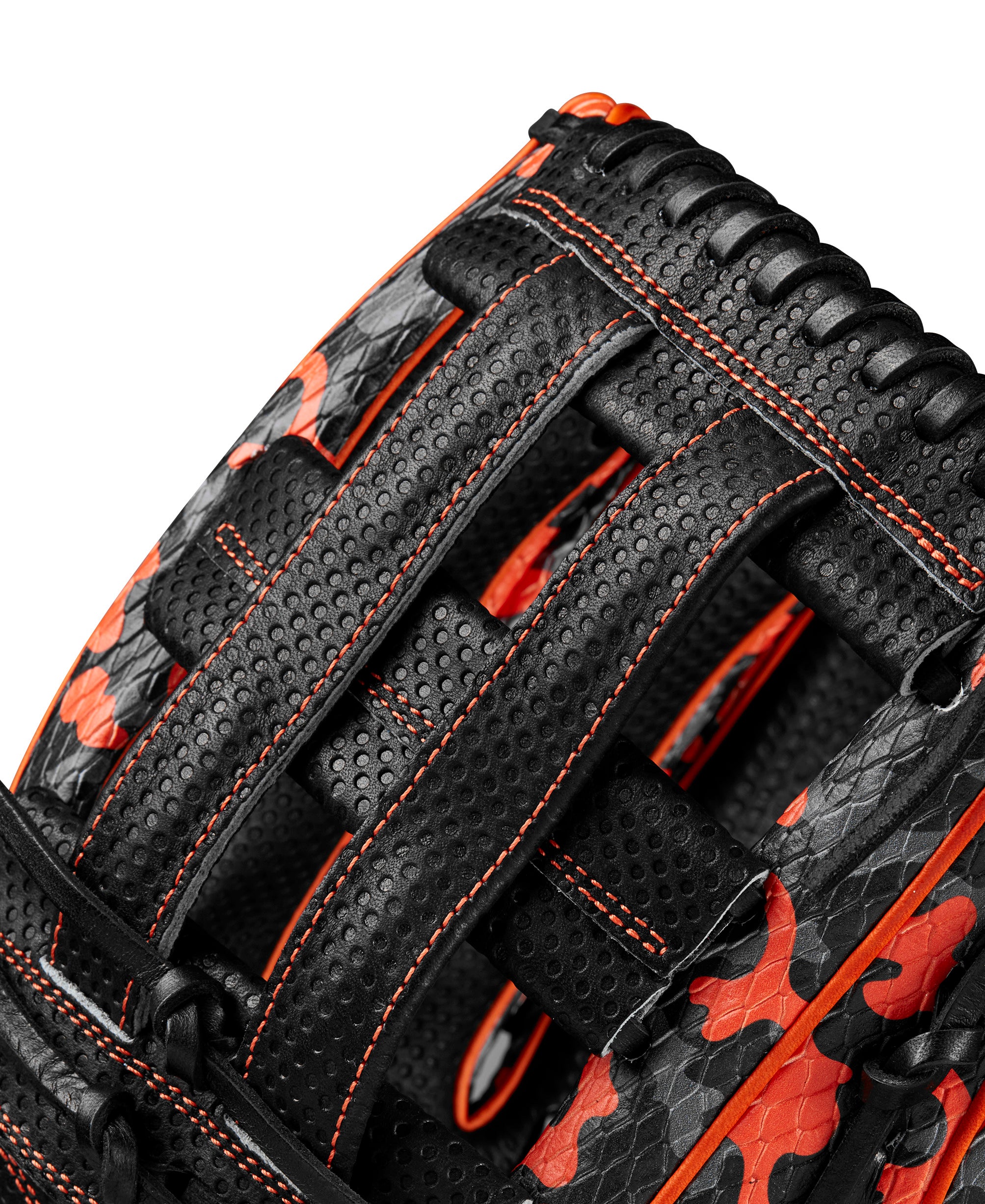 Wilson A2000 1777 glove dual post web in Orange, Black and Grey Camouflage SuperSnakeSkin