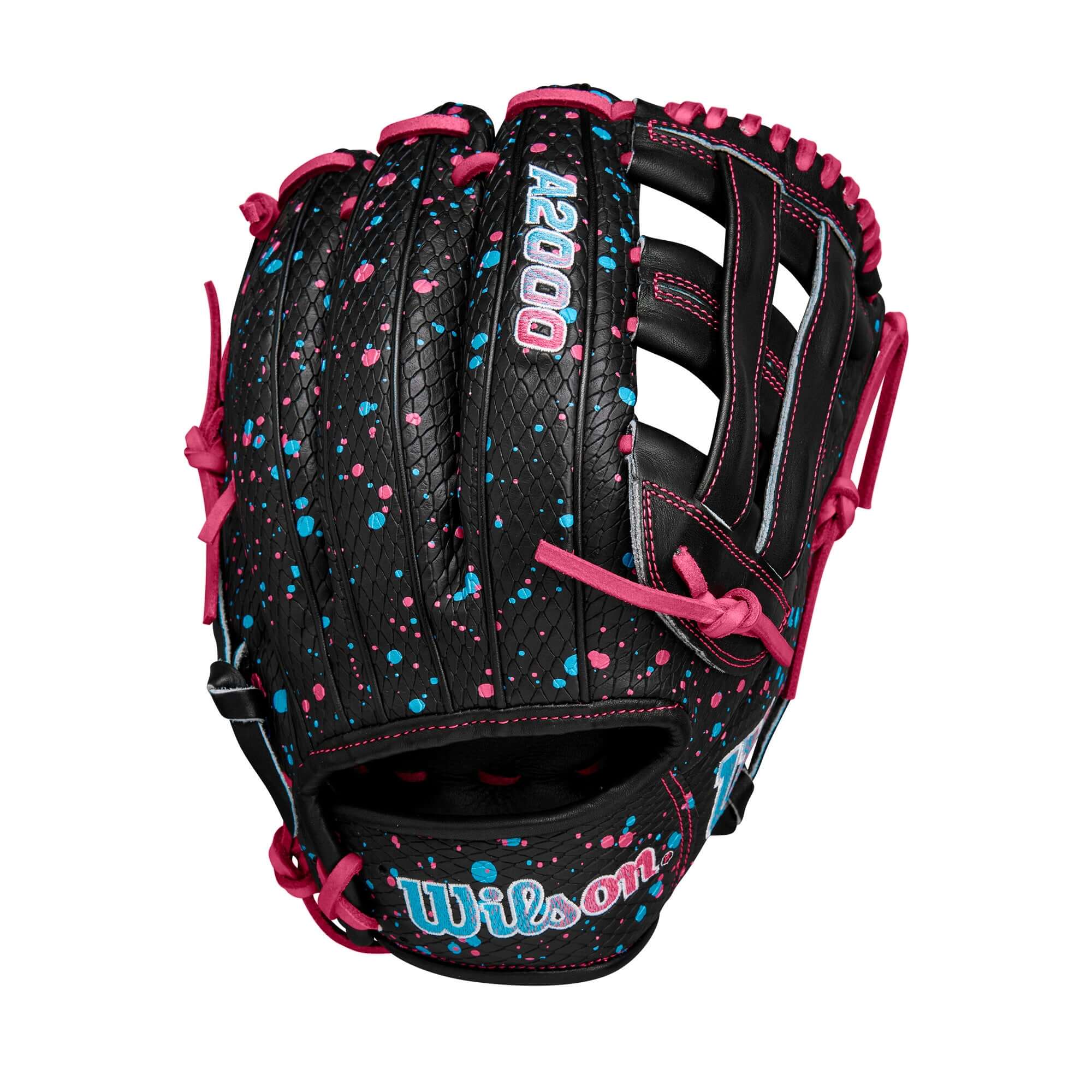 Wilson Fall 2024 A2000 Elly De La Cruz 12" infield baseball glove with black, pink, and blue design.