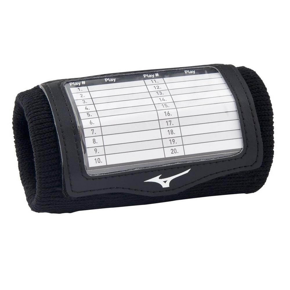 Mizuno Play Call Wristband in black, featuring play tracking sheet for easy game strategy management.