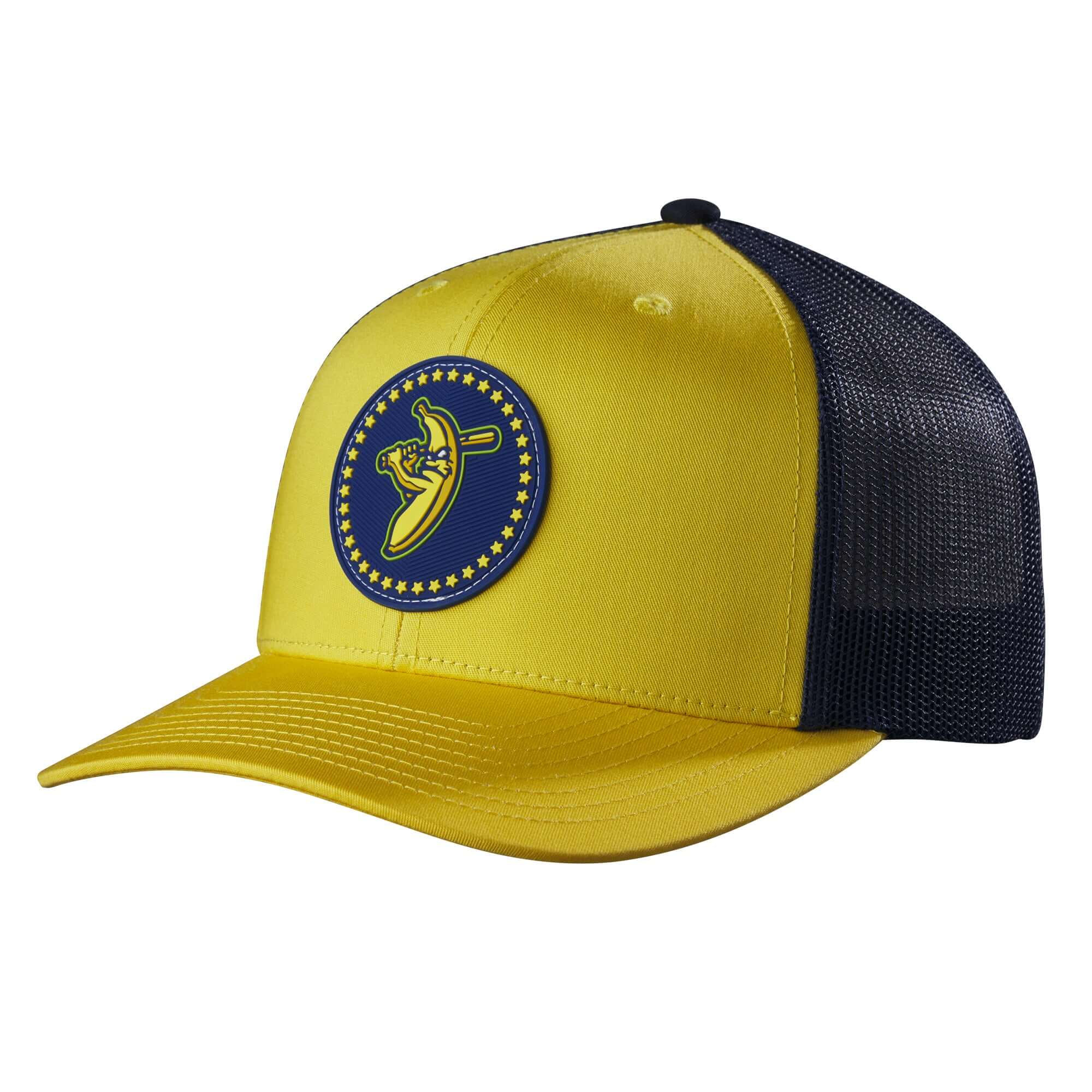 Evoshield Adult 112 Bananas Rubber Patch Snapback hat in yellow with a striking banana logo and black mesh back.