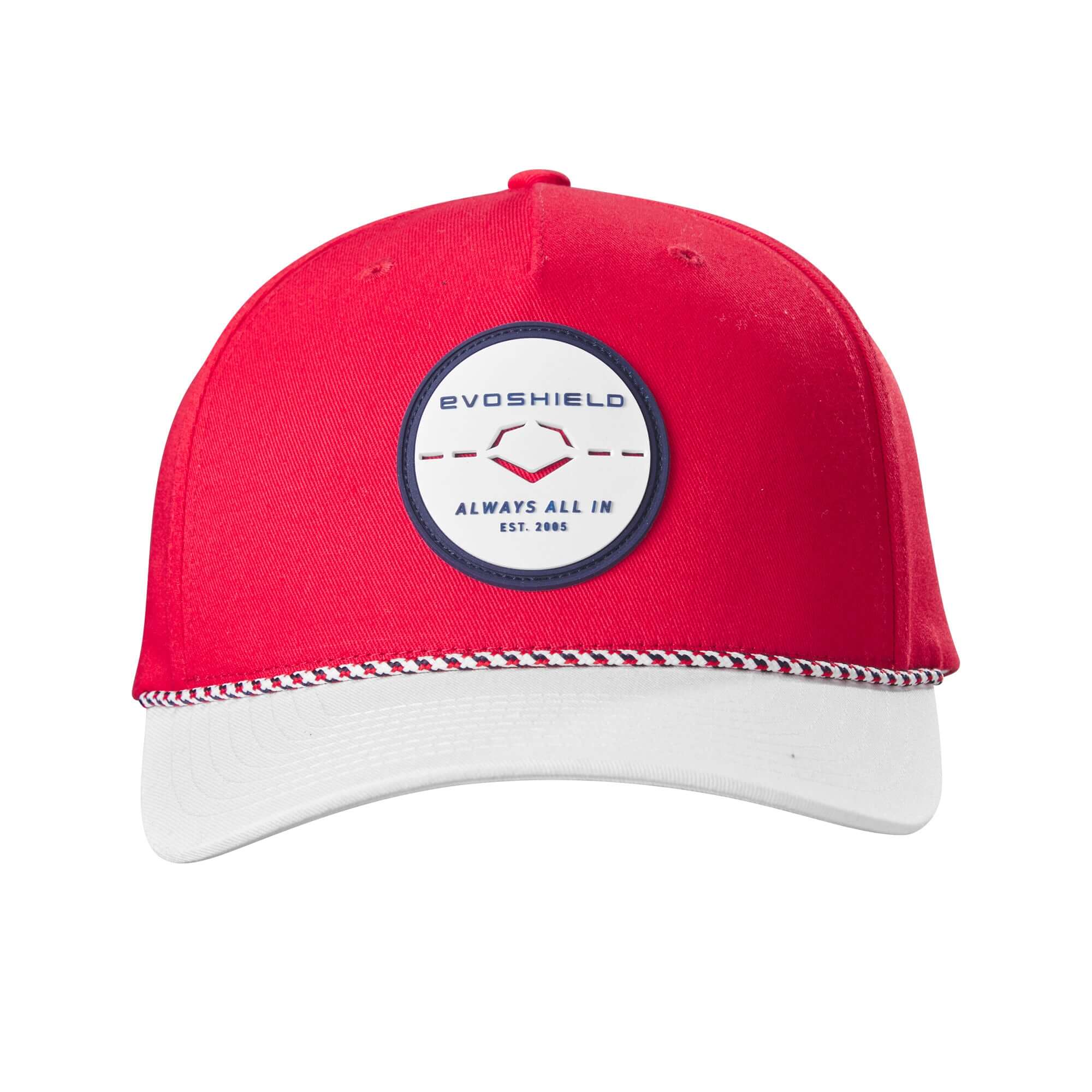 Evoshield USA Rope Snapback hat in scarlet and white with rubber patch, perfect for showing patriotism and style.