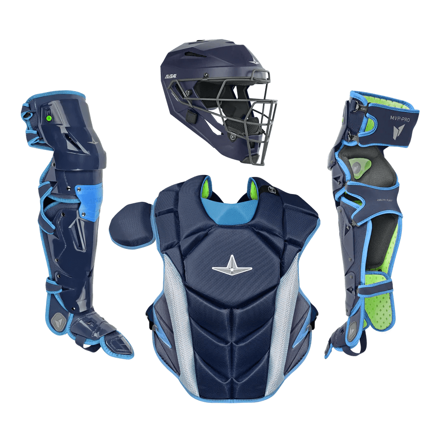 All-Star MVP-PRO Series Adult Catcher's Kit featuring helmet, chest protector, and leg guards meeting NOCSAE standards.