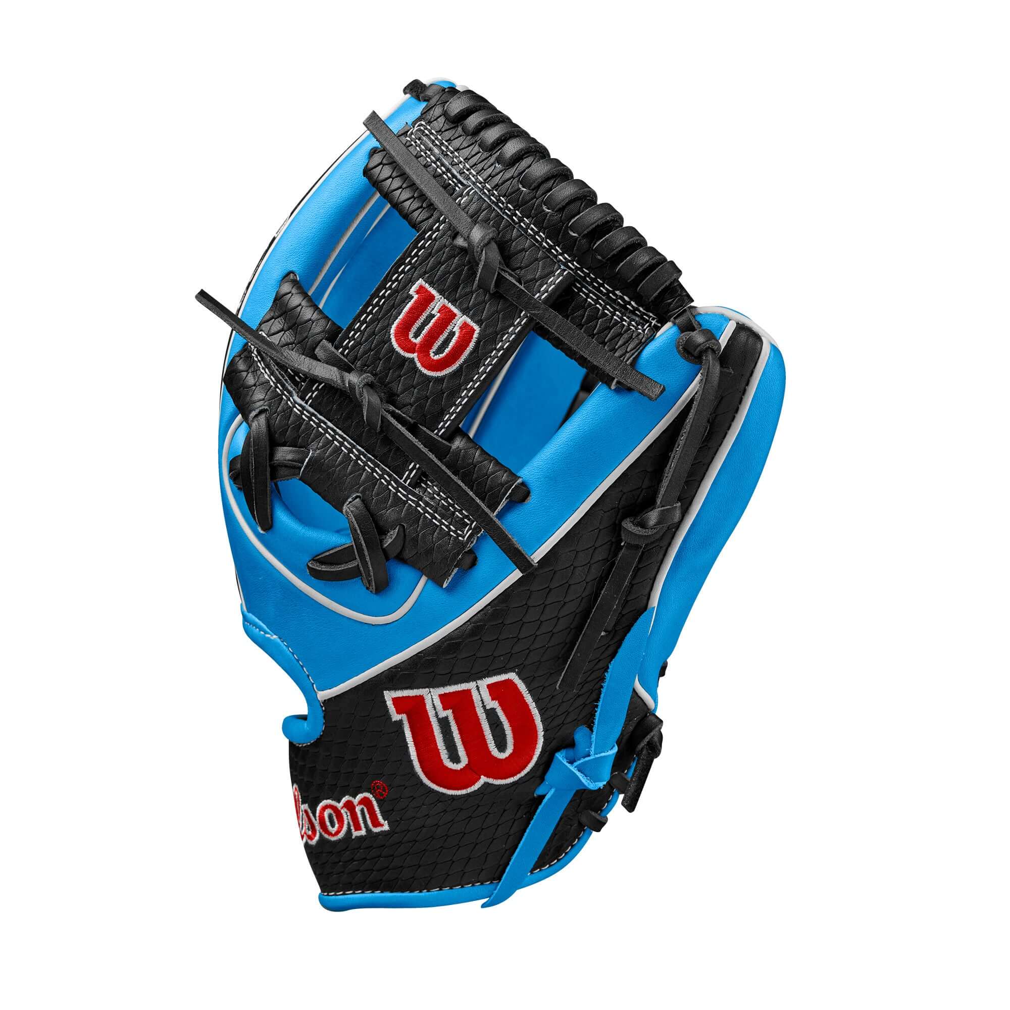 Wilson Winter 2024 A2K 1786 glove in Tropical Blue, featuring H-Web design and 11.5" shallow pocket for quick transfers.