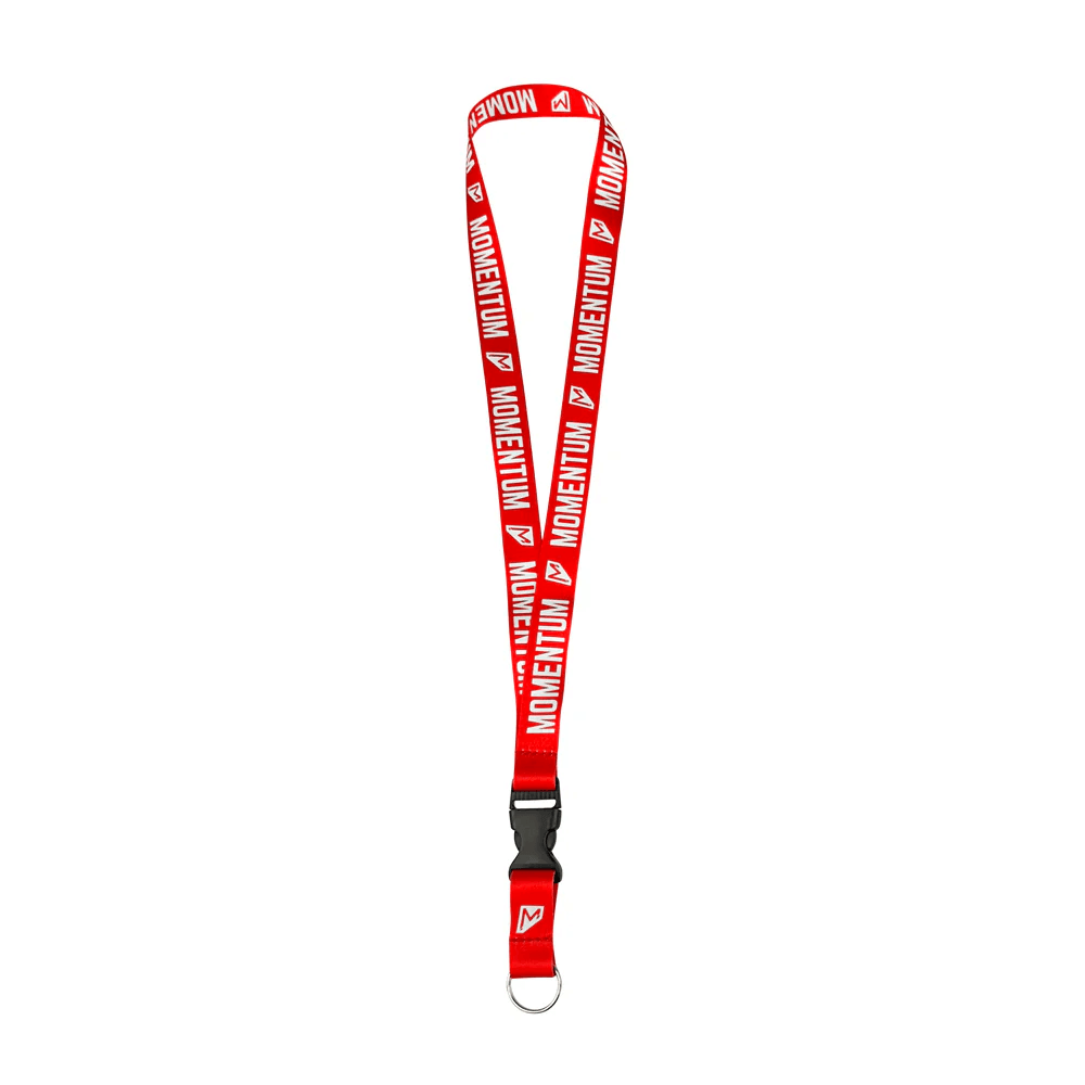 Momentum Lanyard in red, featuring a breakaway buckle and keyring, made from 100% dye-sublimated polyester.