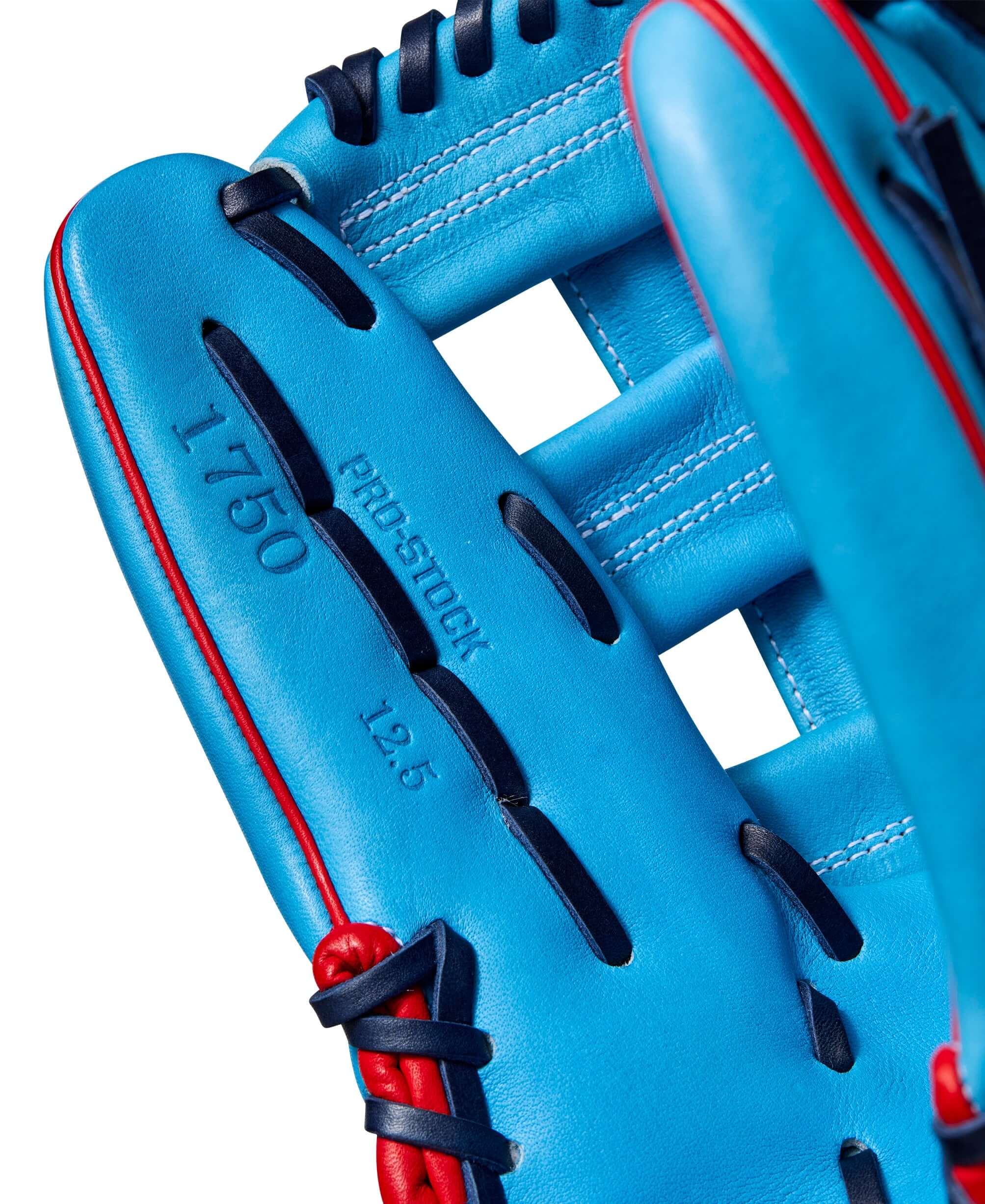 Wilson A2000 1750 Outfield Glove, Sky Blue/Red, 12.5, Pro Stock Leather, Dual Post Web, Right-Hand Throw