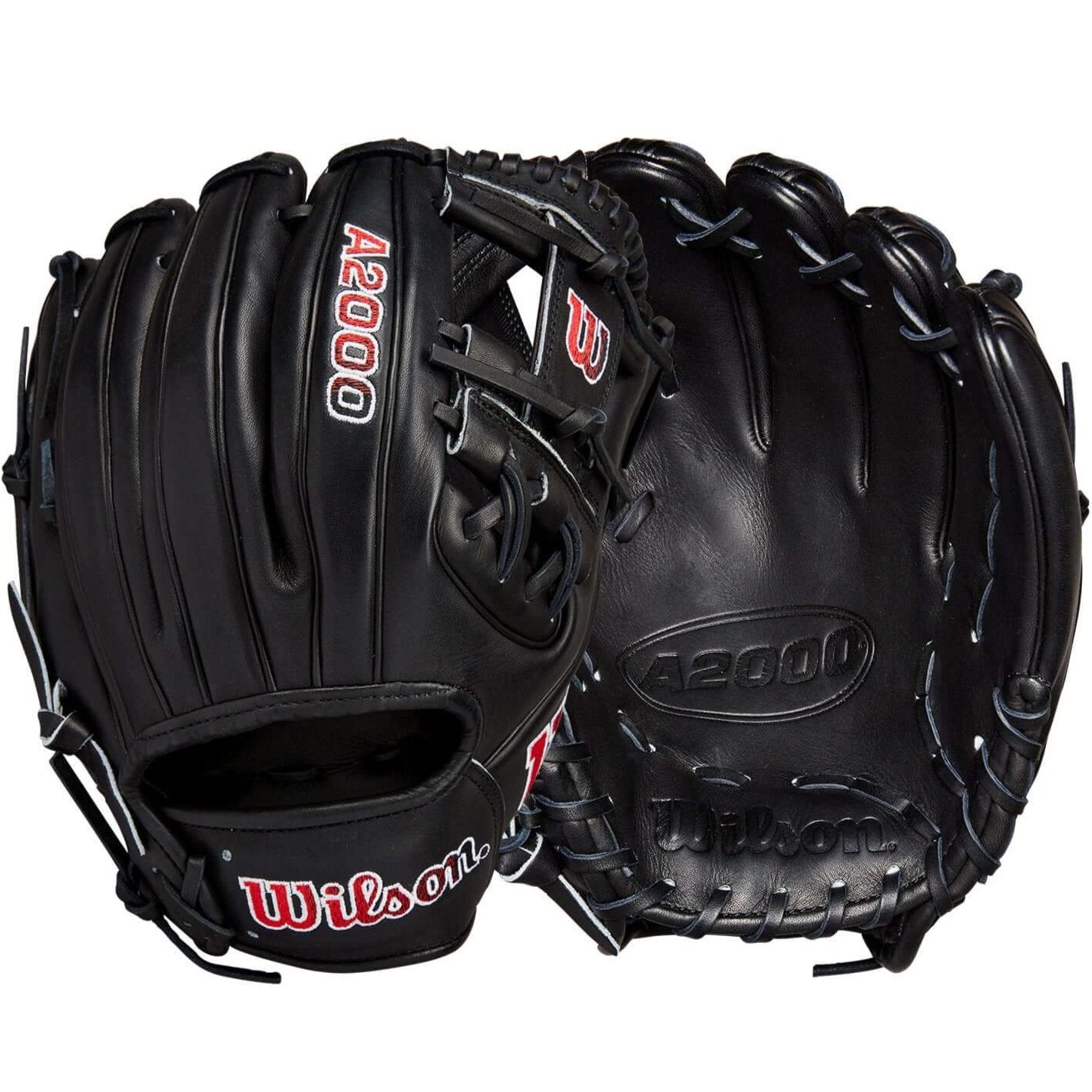 Wilson A2000 1786 glove featuring all-black Pro Stock leather and red gradient logos, designed for performance and style.