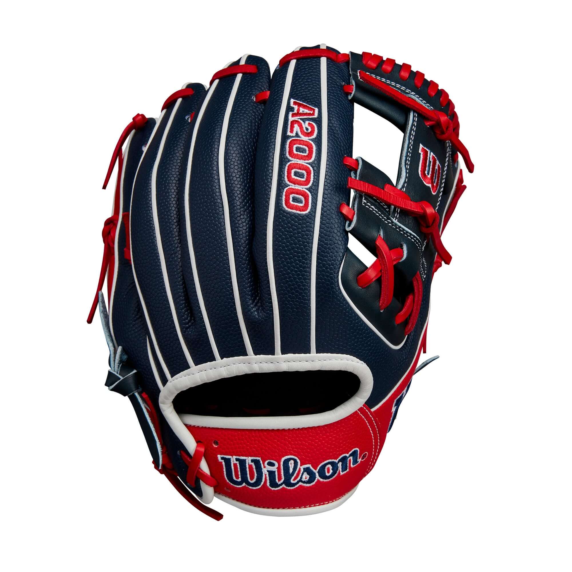 Wilson A2000 1786 Glove July 2024 in Navy and Red with shallow pocket design for quick infield plays.