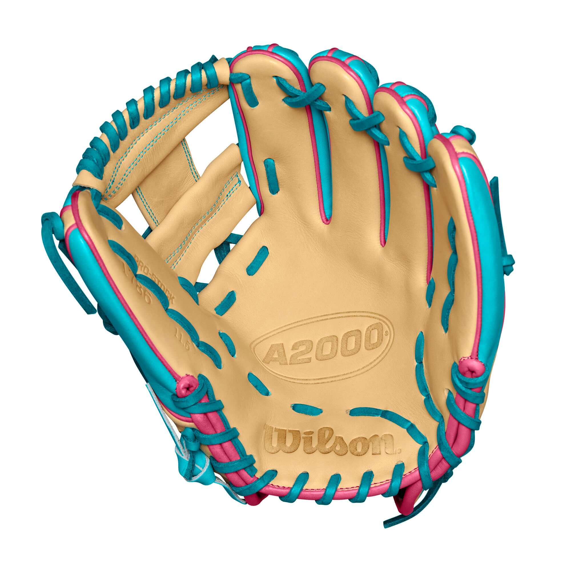 Wilson A2000 1786 Teal/Blonde baseball glove, 11.5 inches, featuring vibrant design and premium leather craftsmanship.