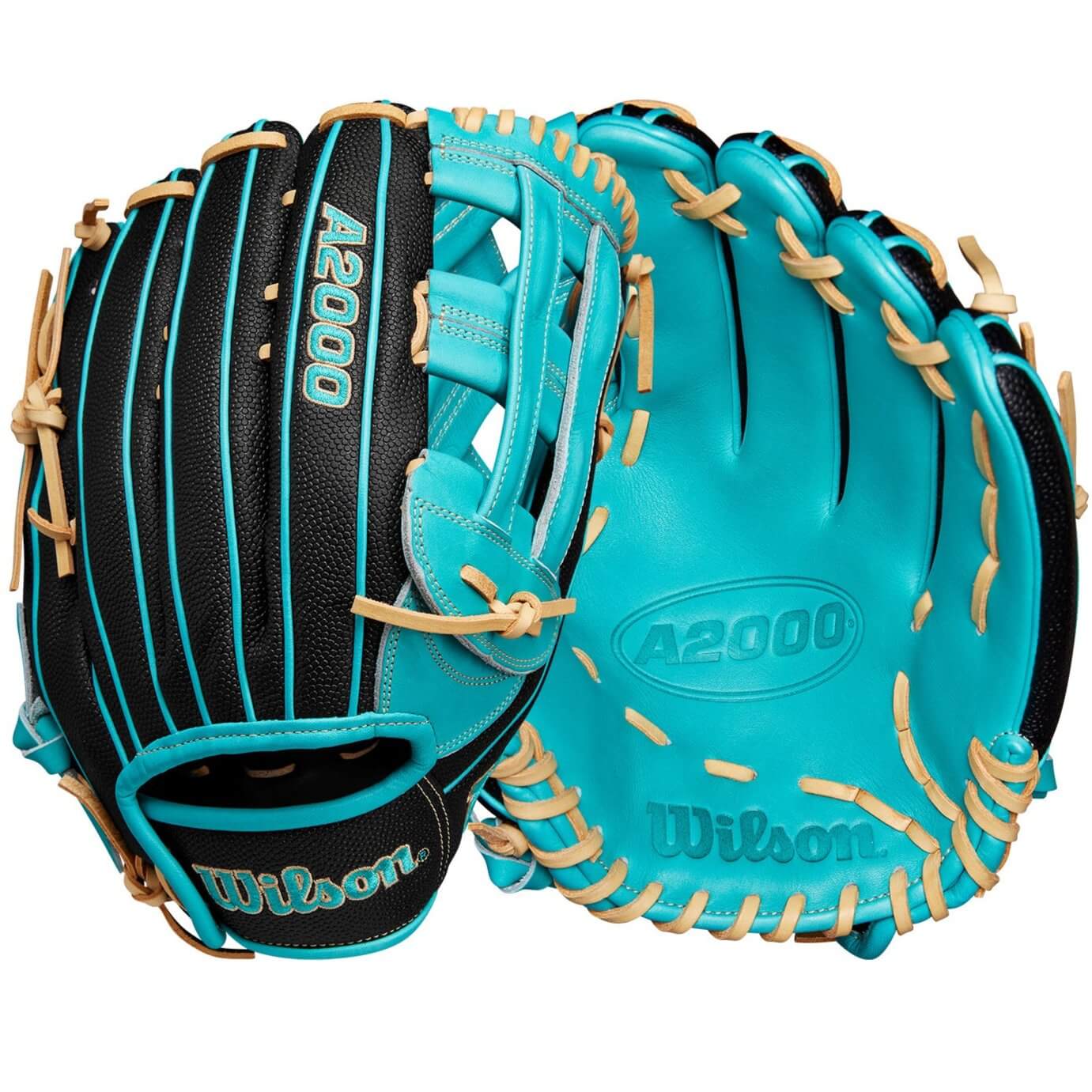 Wilson A2000 PF50SS outfield baseball glove in black and teal, featuring Pedroia Fit Technology for smaller hands.