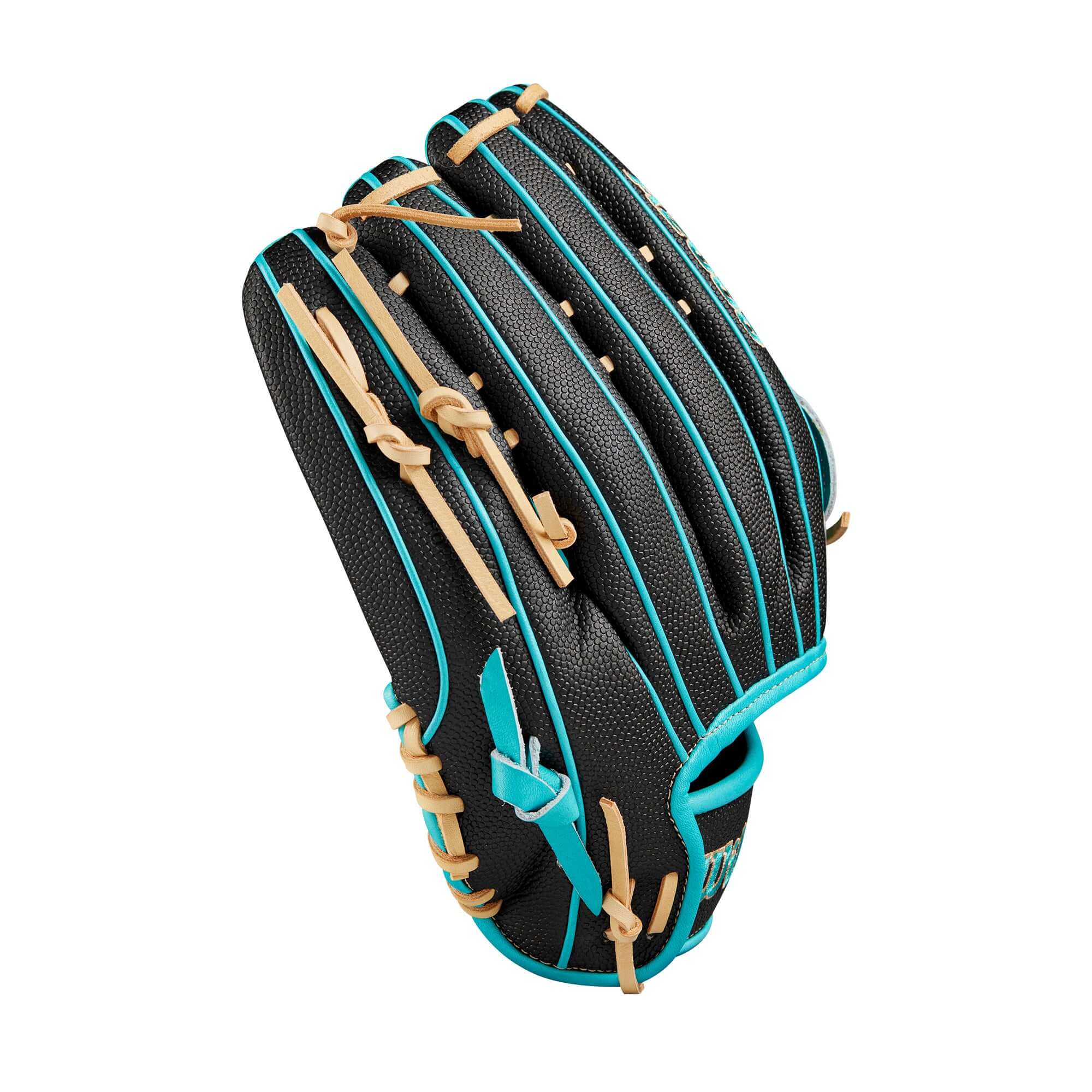 Black and teal 12.25 Wilson A2000 PF50SS outfield baseball glove with Pedroia Fit Technology.