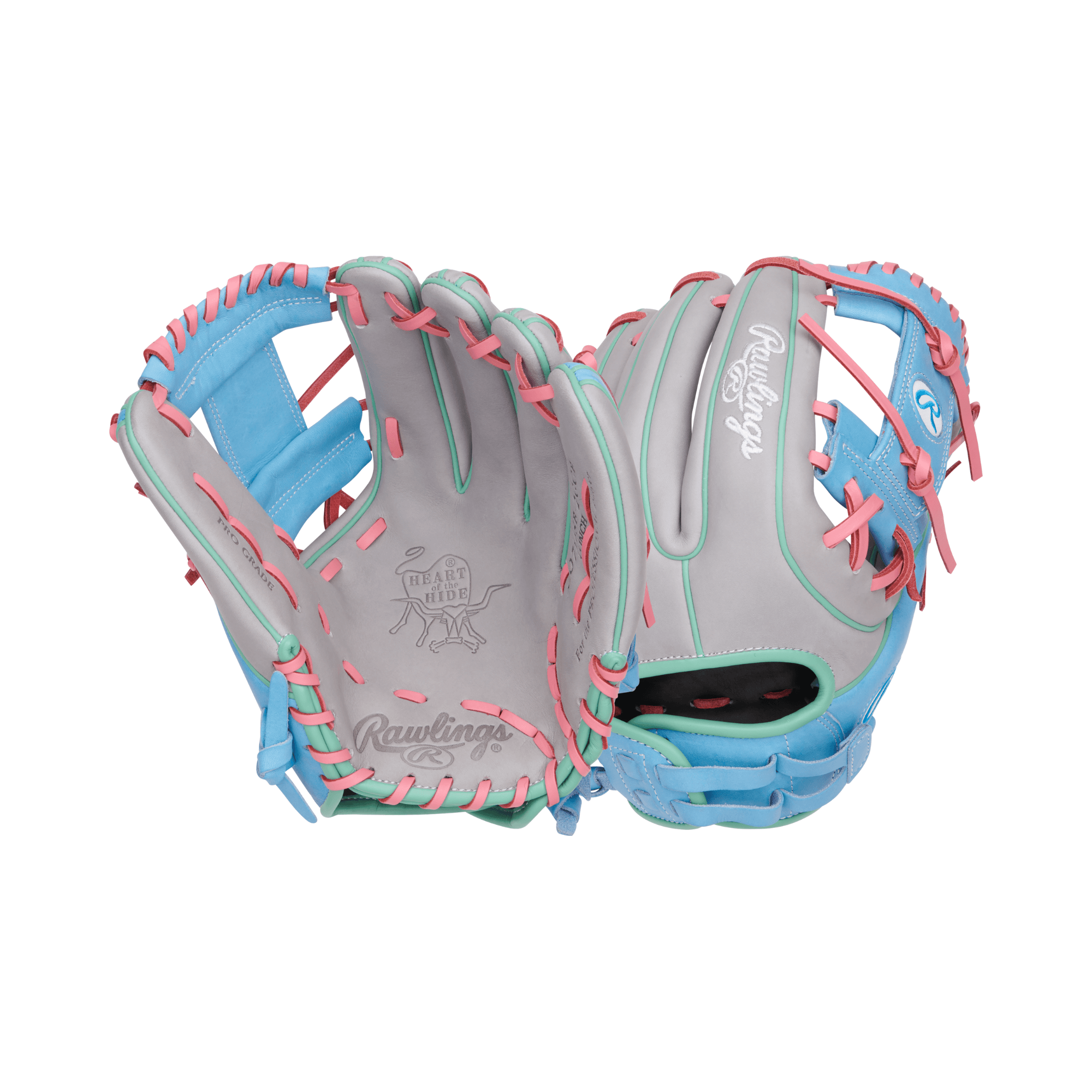 Rawlings Heart of the Hide Series Softball Glove, Gray/Columbia Blue, 12 inches, for adult fastpitch players.