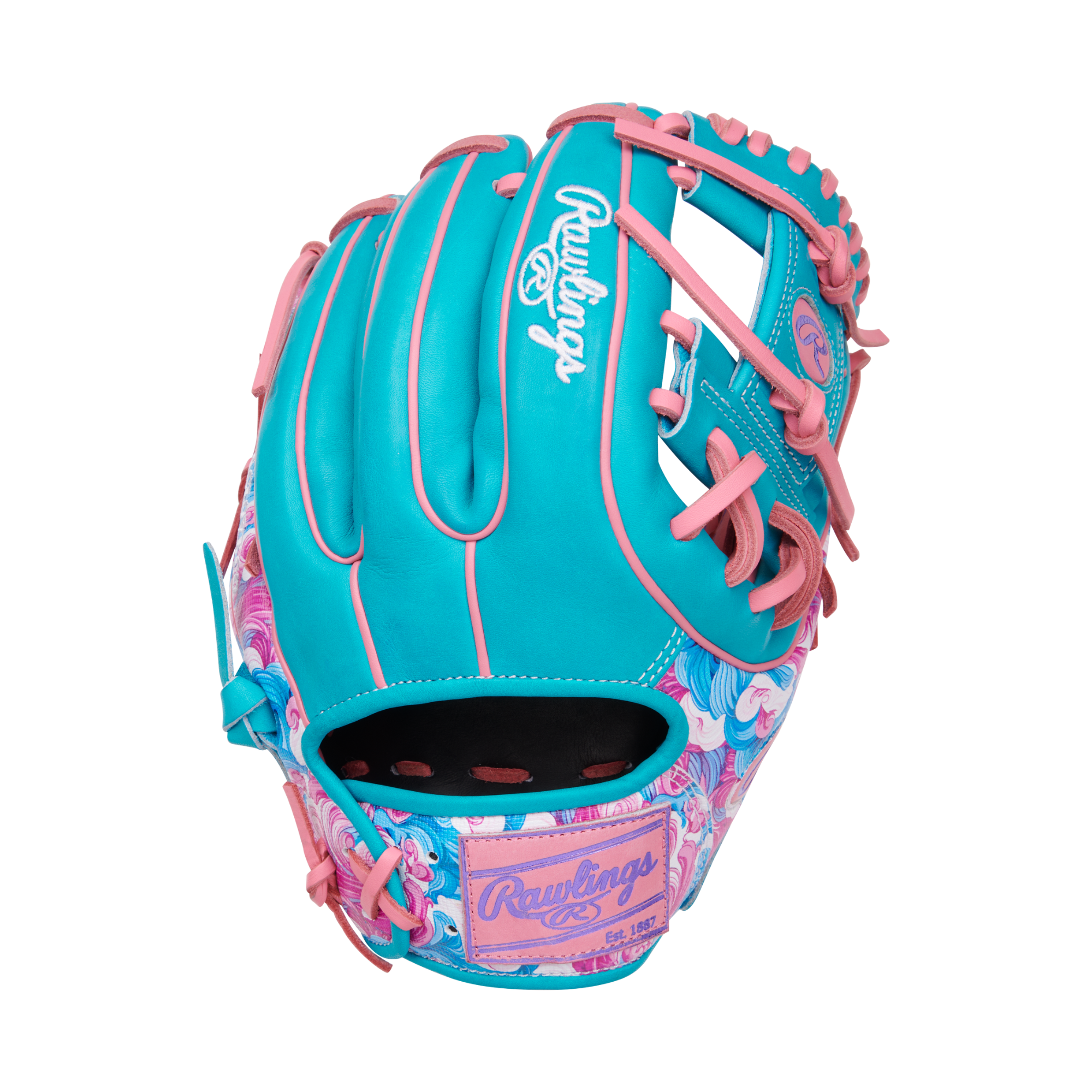 Detailed backhand view of the Rawlings RGGC PROR314-2PTE, featuring a striking floral speedshell design with teal leather accents.