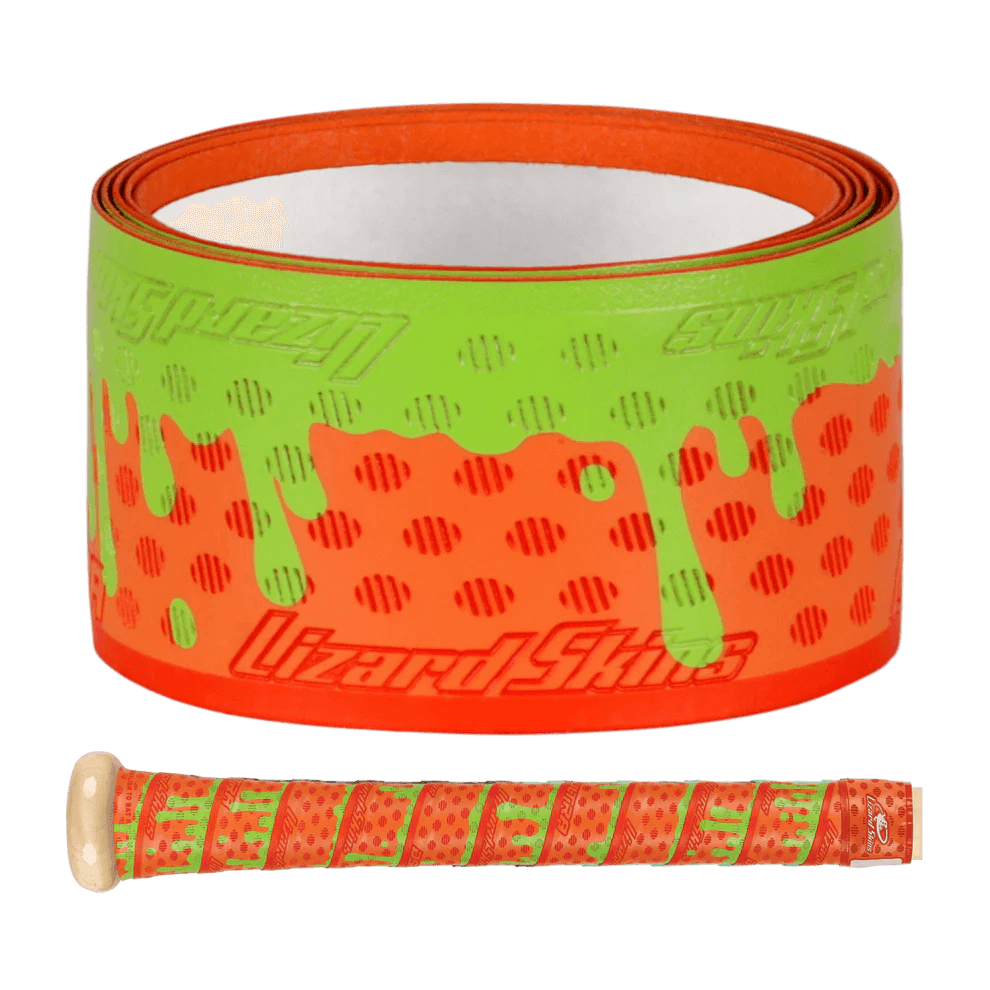 Lizard Skins DSP Ulta Bat Grip in Orange Slime with vibrant green accents, showcasing unique texture and premium adhesive.