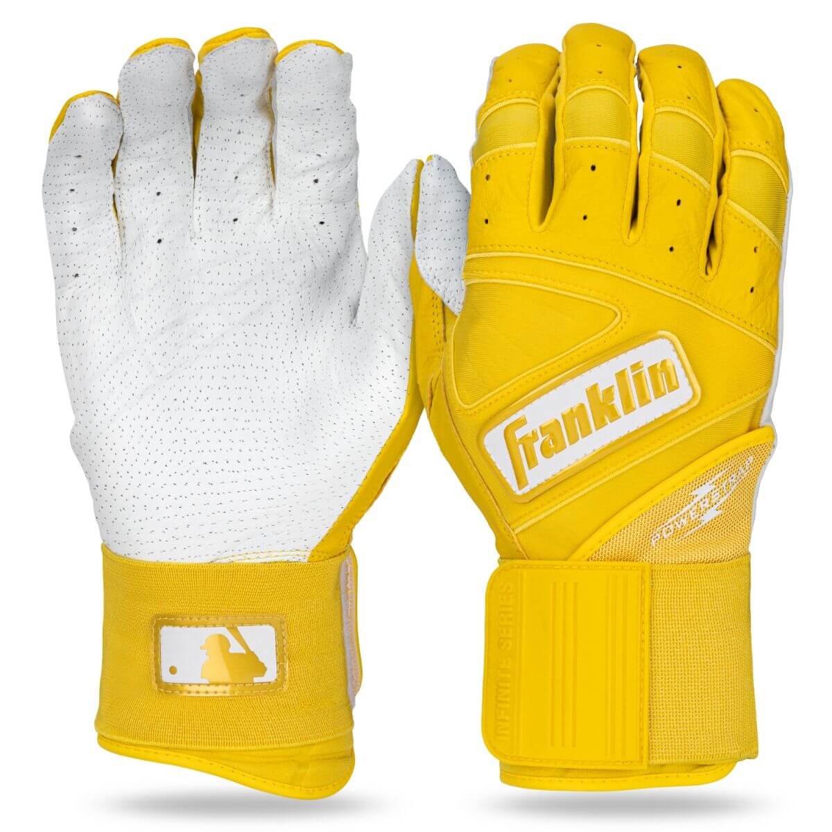 Franklin PowerStrap Infinite Series Adult batting gloves in yellow with secure fit and Hi-Lite design for enhanced grip and durability.