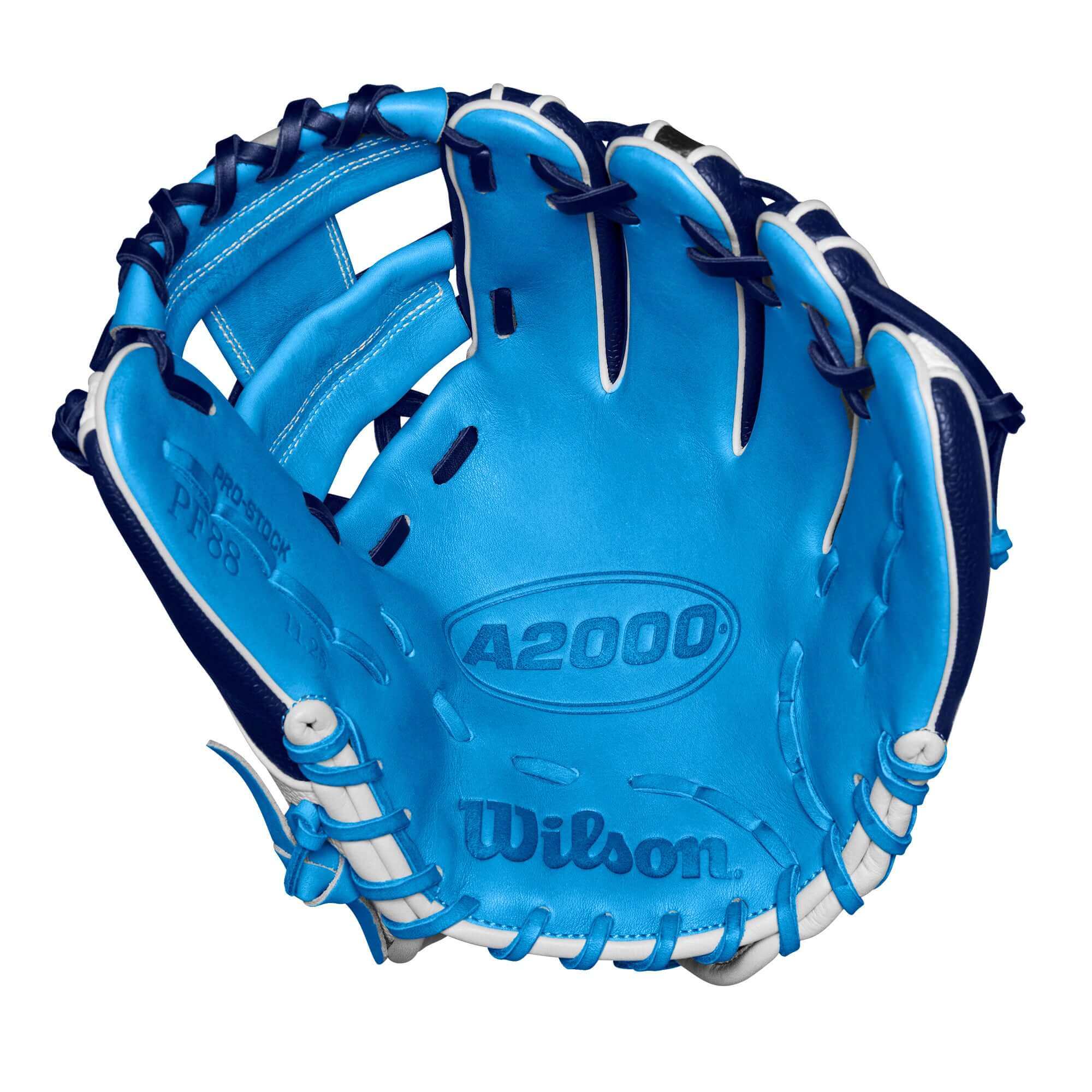 Wilson A2000 PF88SS infield glove, 11.25", Sky Blue leather with H-Web for small hands, designed for Fall 2024 season.