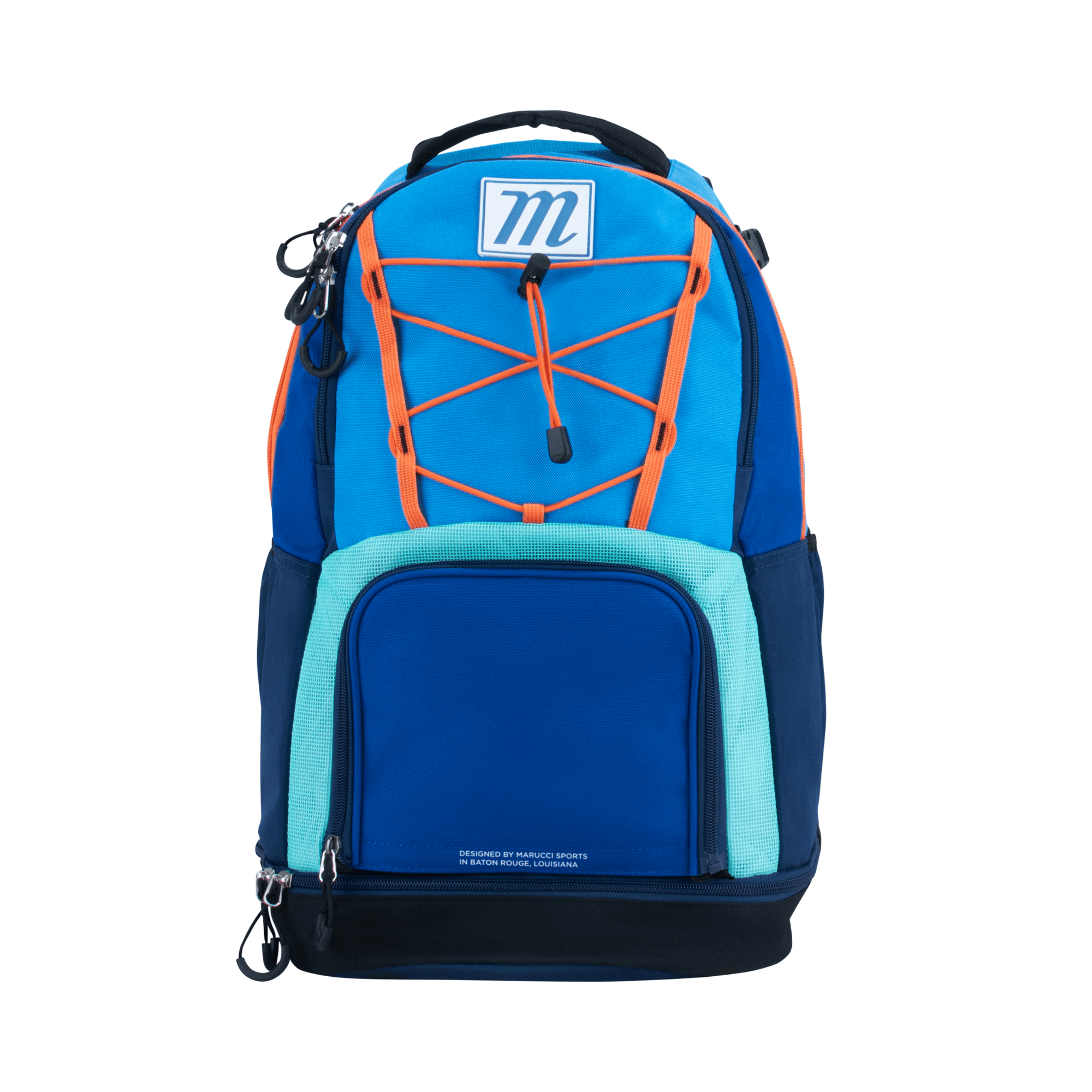 Marucci Blazr Bat Pack in Columbia Blue and Royal Blue with adjustable straps and multiple compartments.