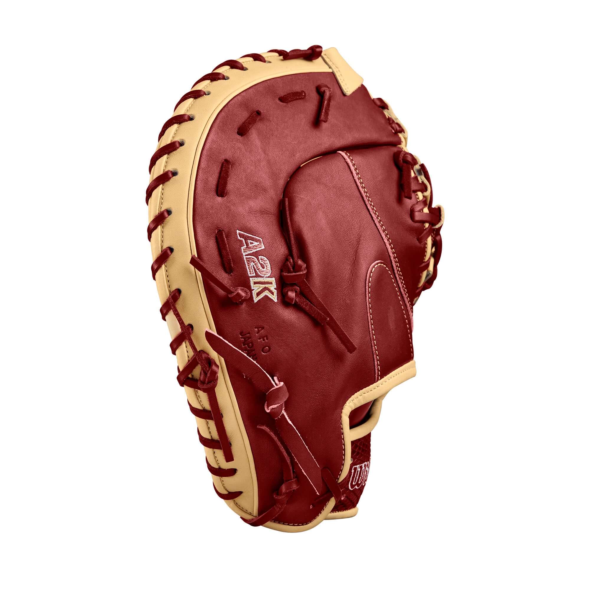 Wilson A2K 1679 12.5-inch first base mitt in red and blonde leather