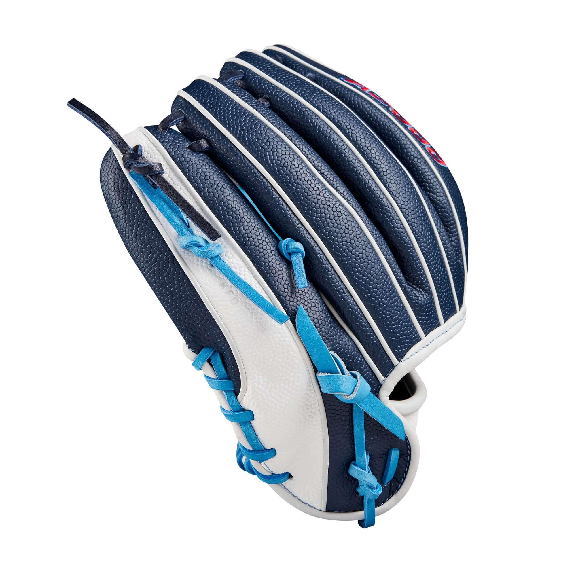 Wilson A2000 PF88SS Infield Glove in Navy and Sky Blue, designed for smaller hands with Pedroia Fit for secure grip, 11.25" length.