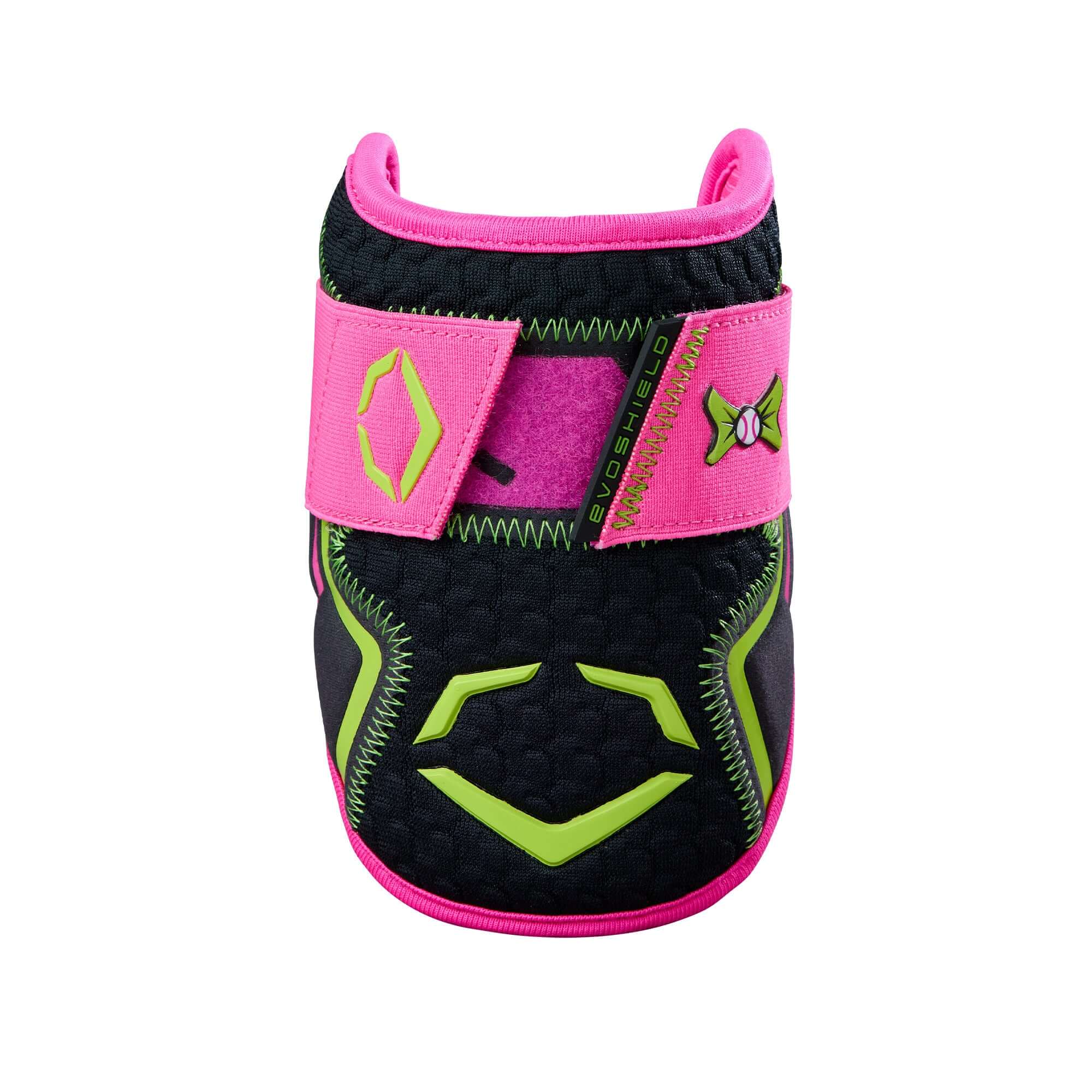 Evoshield X-SRZ Party Animals Elbow Guard in black and pink with neon green accents, designed for custom fit and protection.