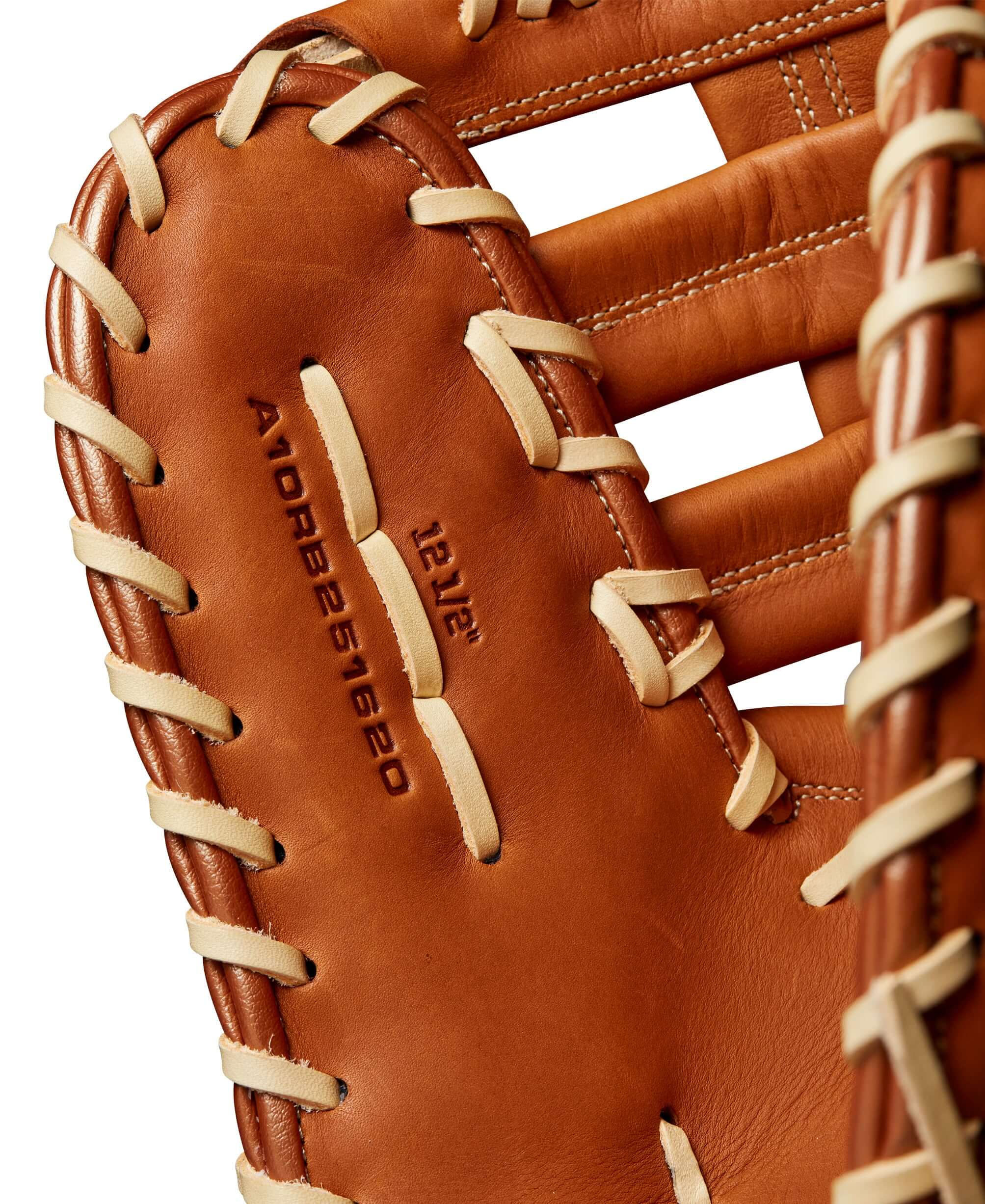 Close-up of BTL A1000 1620 baseball mitt showing 12.5” size and quality leather stitching details.