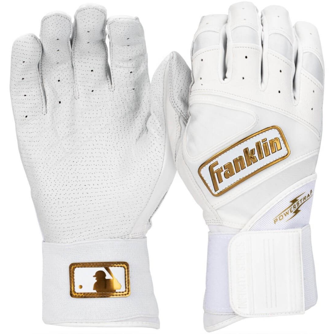 Franklin PowerStrap Infinite Series adult baseball batting gloves in white, designed for performance and durability.