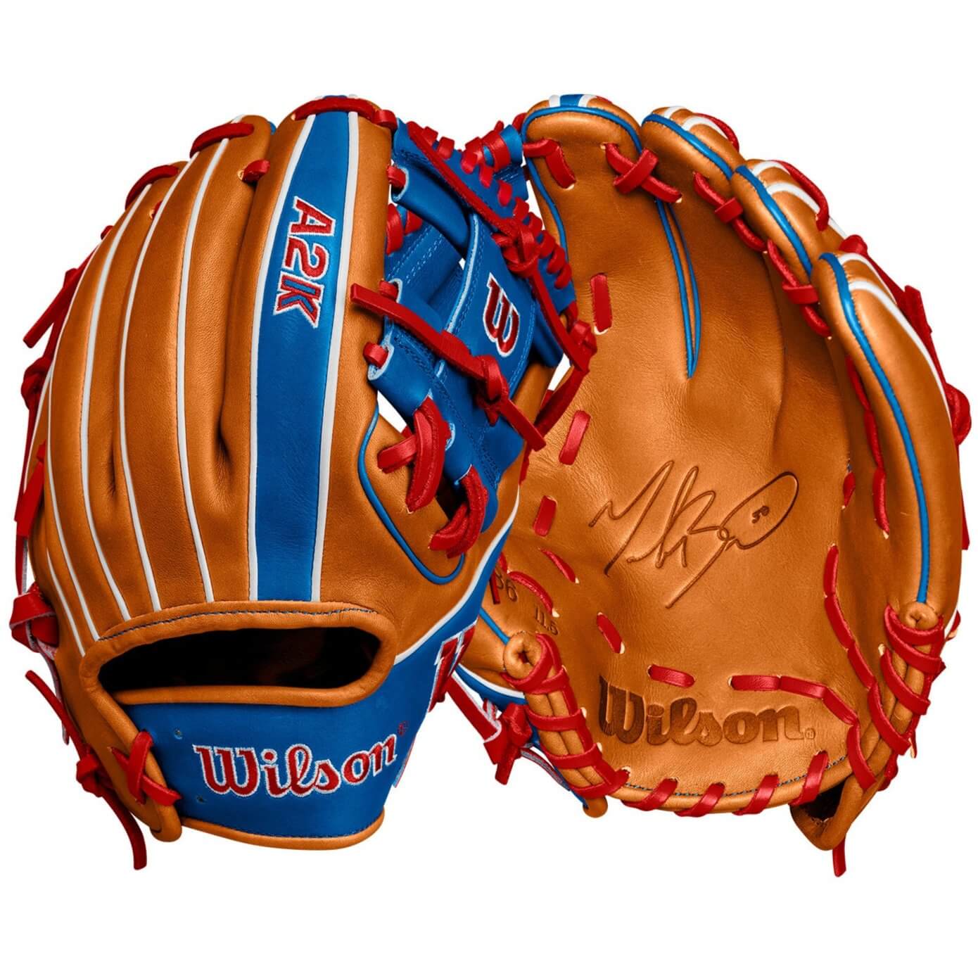 Wilson A2K 1786 Mookie Betts infield baseball glove in Saddle Tan and Royal with H-Web design.