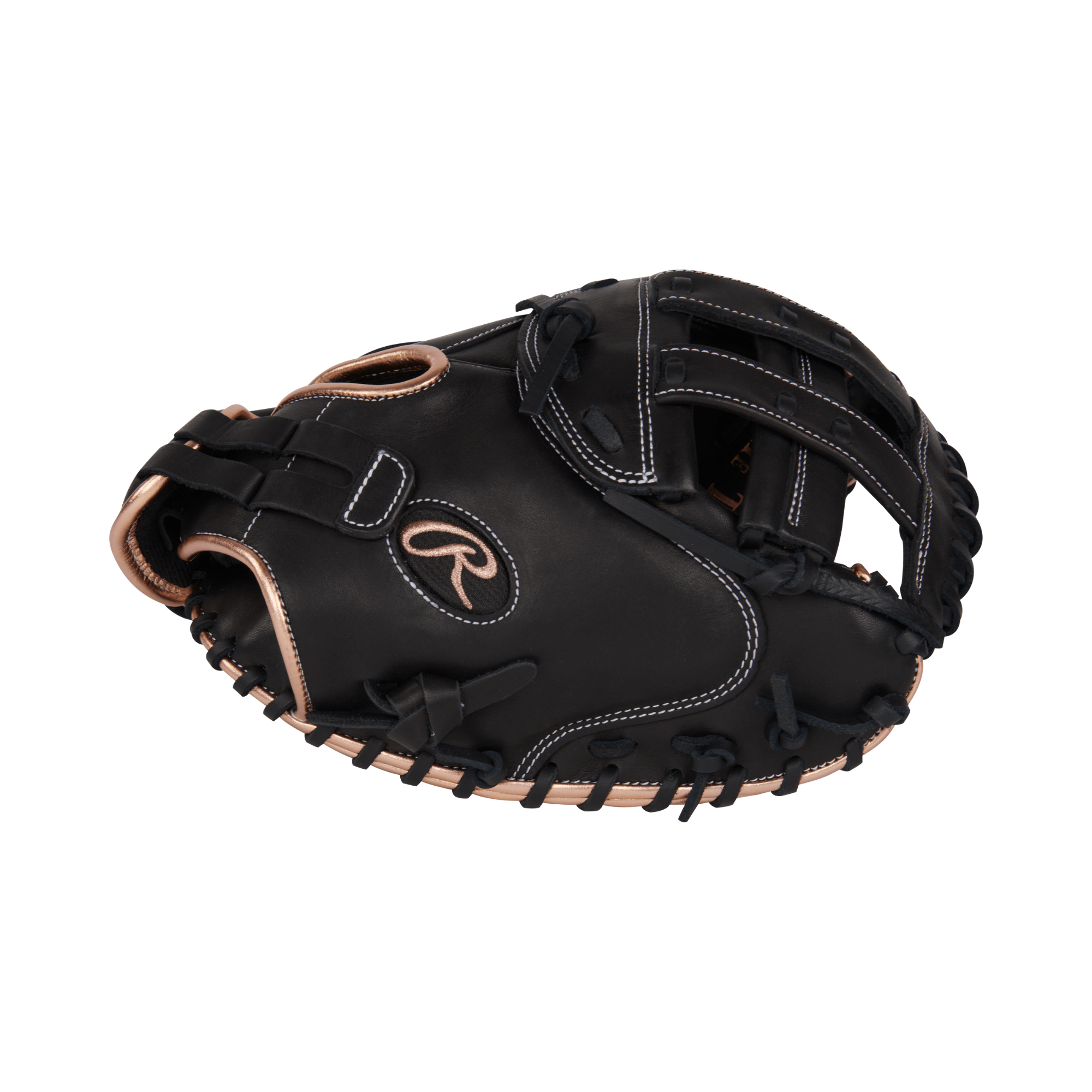 Rawlings R9 Series catcher's mitt in black, 33-inch glove for fastpitch softball, designed for right-hand throwers.