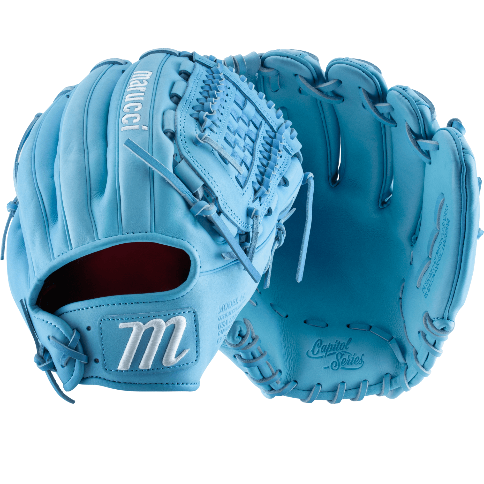 Marucci Capitol Series KG34 Basket T 12.25" RHT glove in vibrant blue with integrated thumb and pinky sleeves for enhanced comfort.