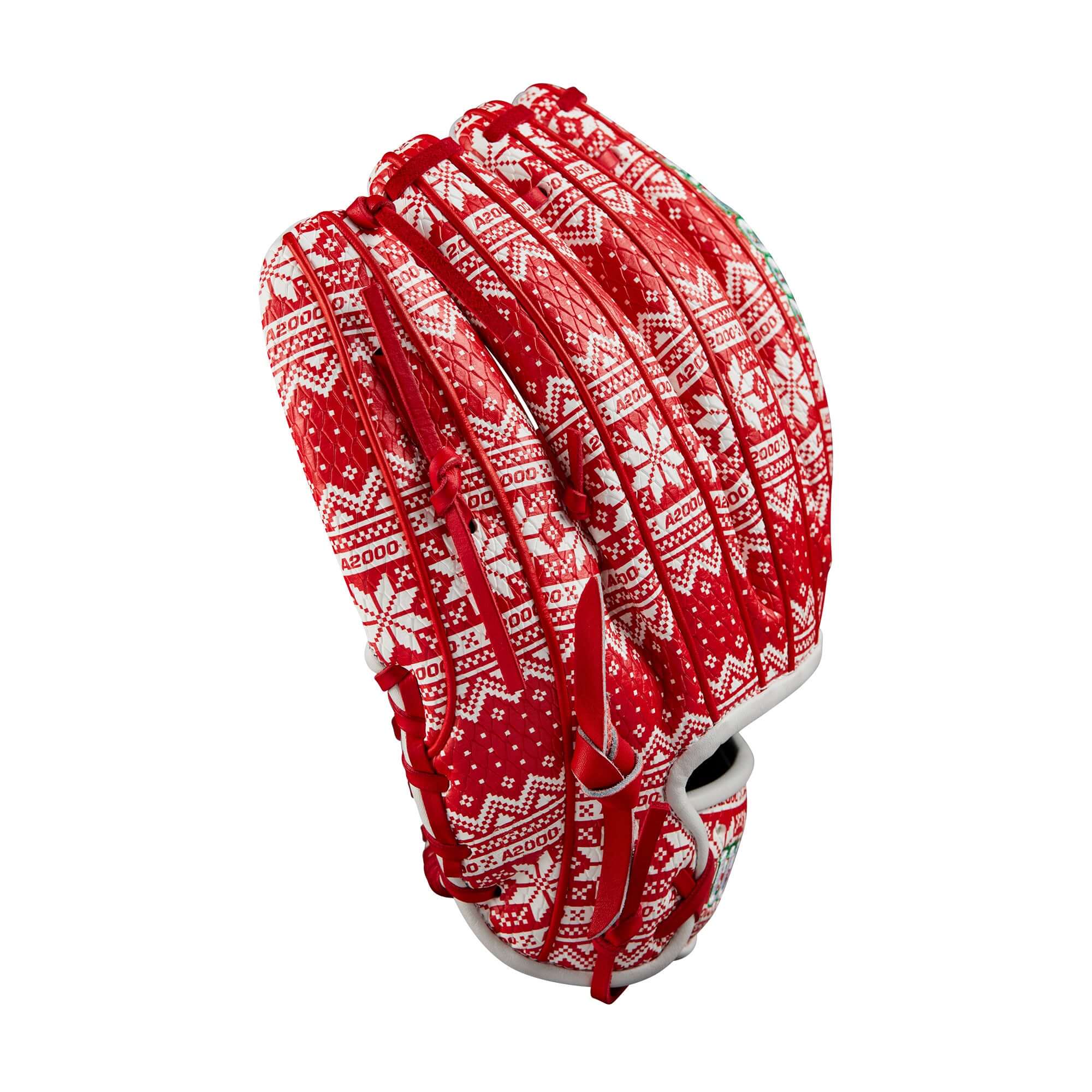 Wilson A2000 1975 Red 11.75" glove with holiday sweater design, showcasing SuperSnakeSkin™ and red leather details.