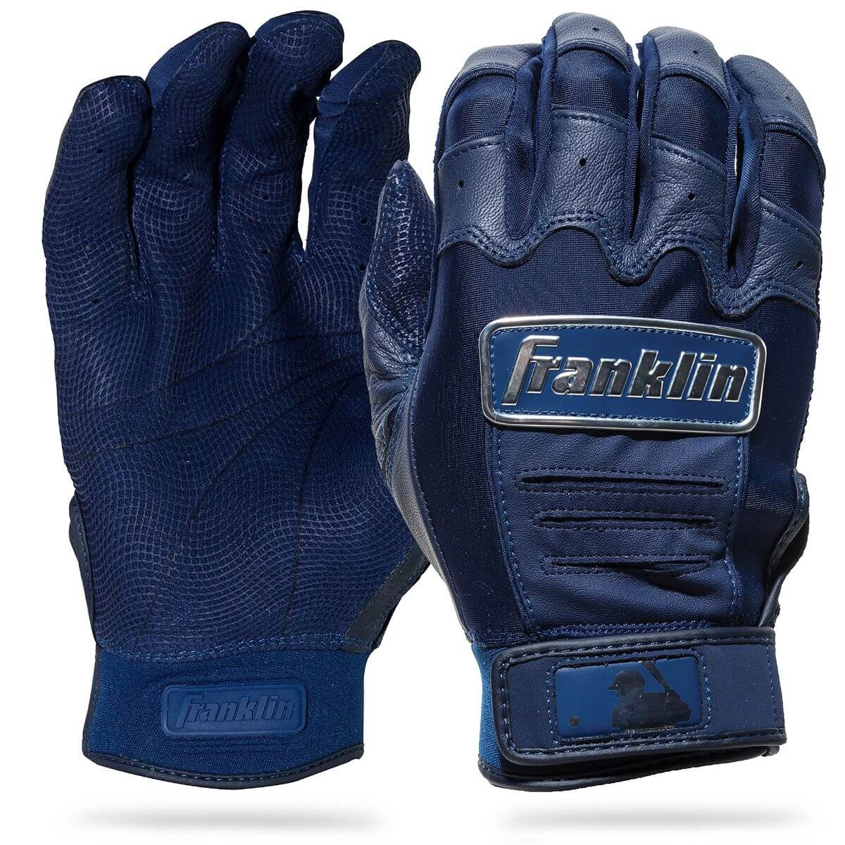 Franklin Youth CFX Pro Chrome Batting Gloves in Navy showcasing a leather palm and chrome accents for enhanced grip and durability.