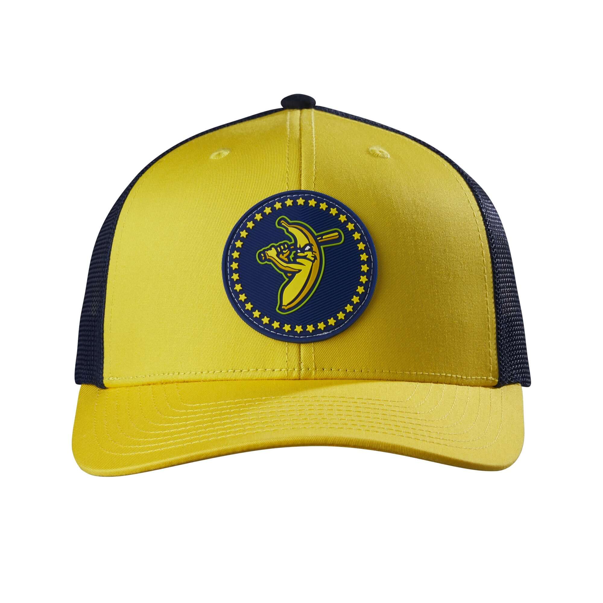 Evoshield Adult 112 Bananas Rubber Patch Snapback N hat in yellow and navy, featuring a banana logo patch for a stylish look.