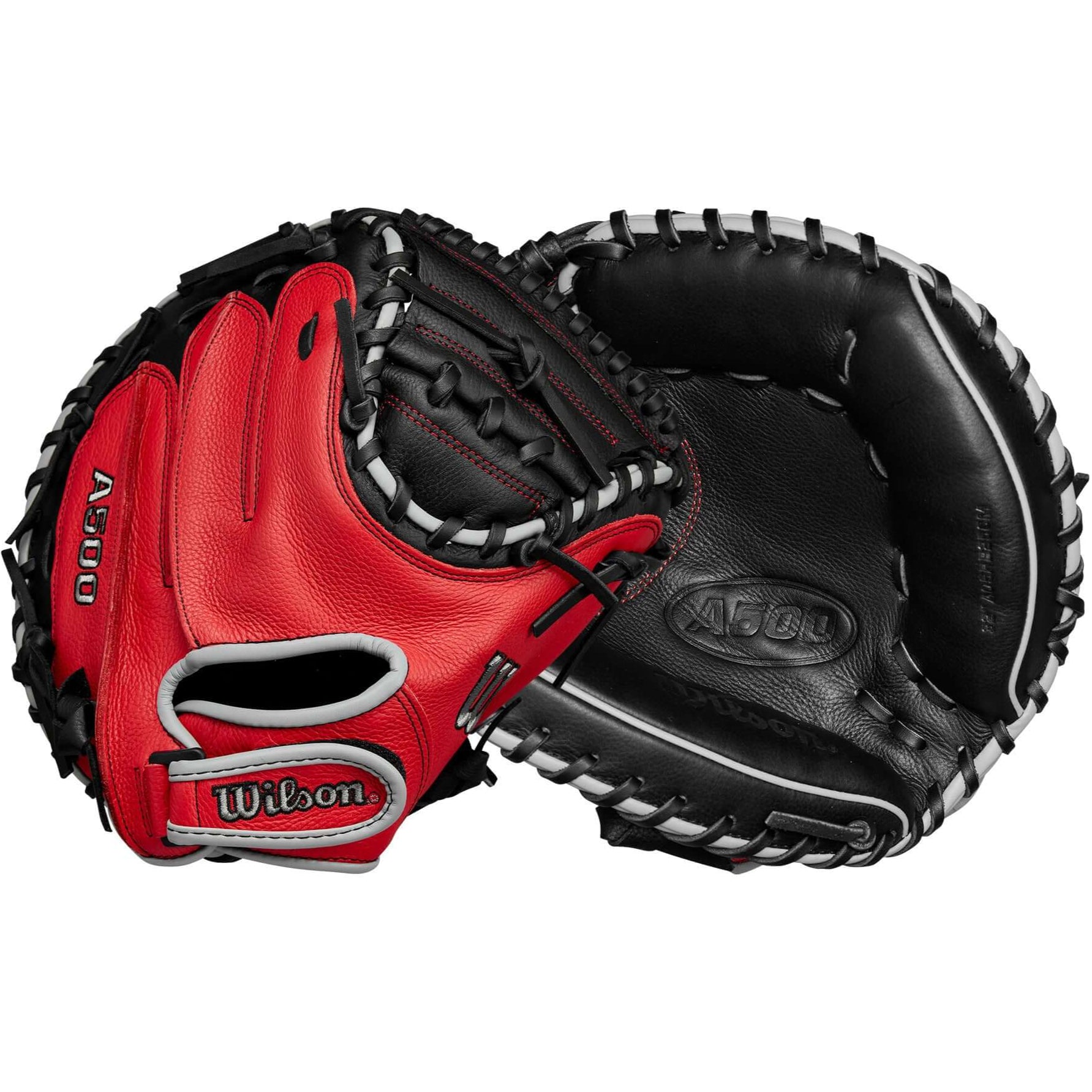 Front and back view of Wilson A500 CM32 25 Catcher's Mitt showing Black/Red/Grey leather and adjustable wrist strap design.