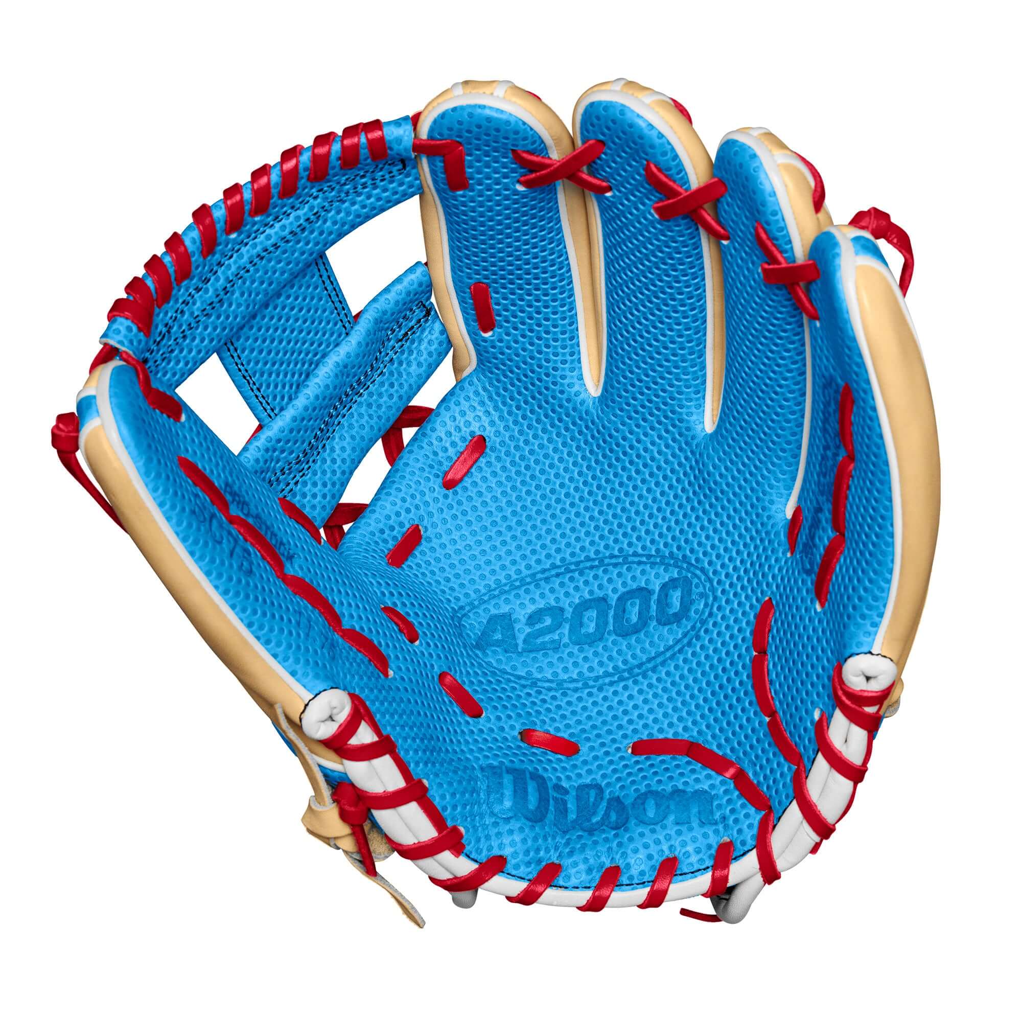 Wilson A2000 1975 infield baseball glove with Sky Blue palm and Spin Control Technology, Blonde/Tropic color, 11.75" size