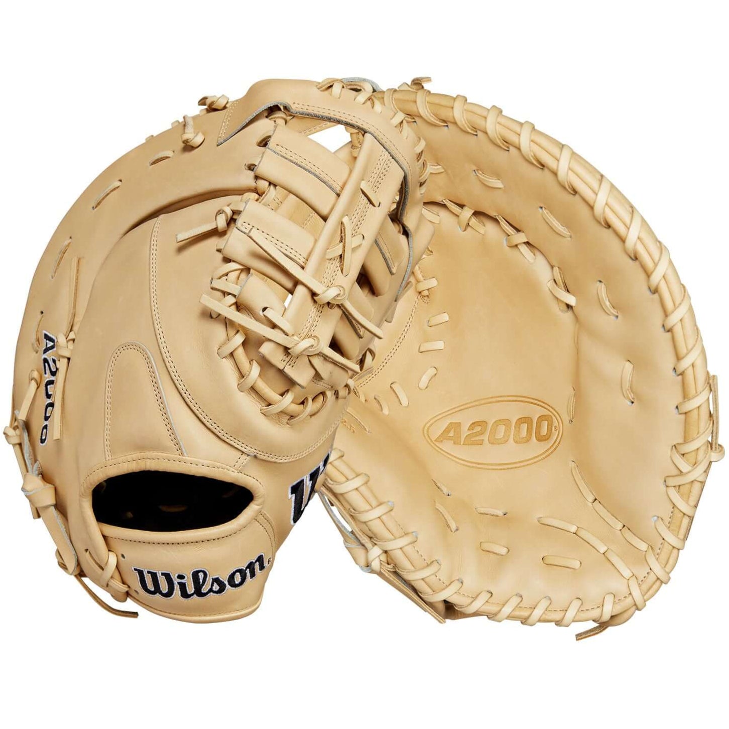 Wilson A2000 1679 First Base Mitt in blonde leather, 12.5 inches, featuring Single Post Web and deep pocket design.