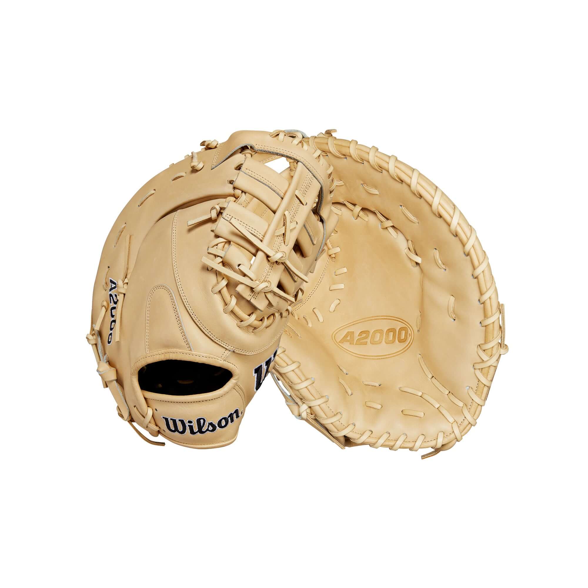 Wilson A2000 1679 First Base Mitt in blonde leather, 12.5 inches, featuring Single Post Web and deep pocket design.