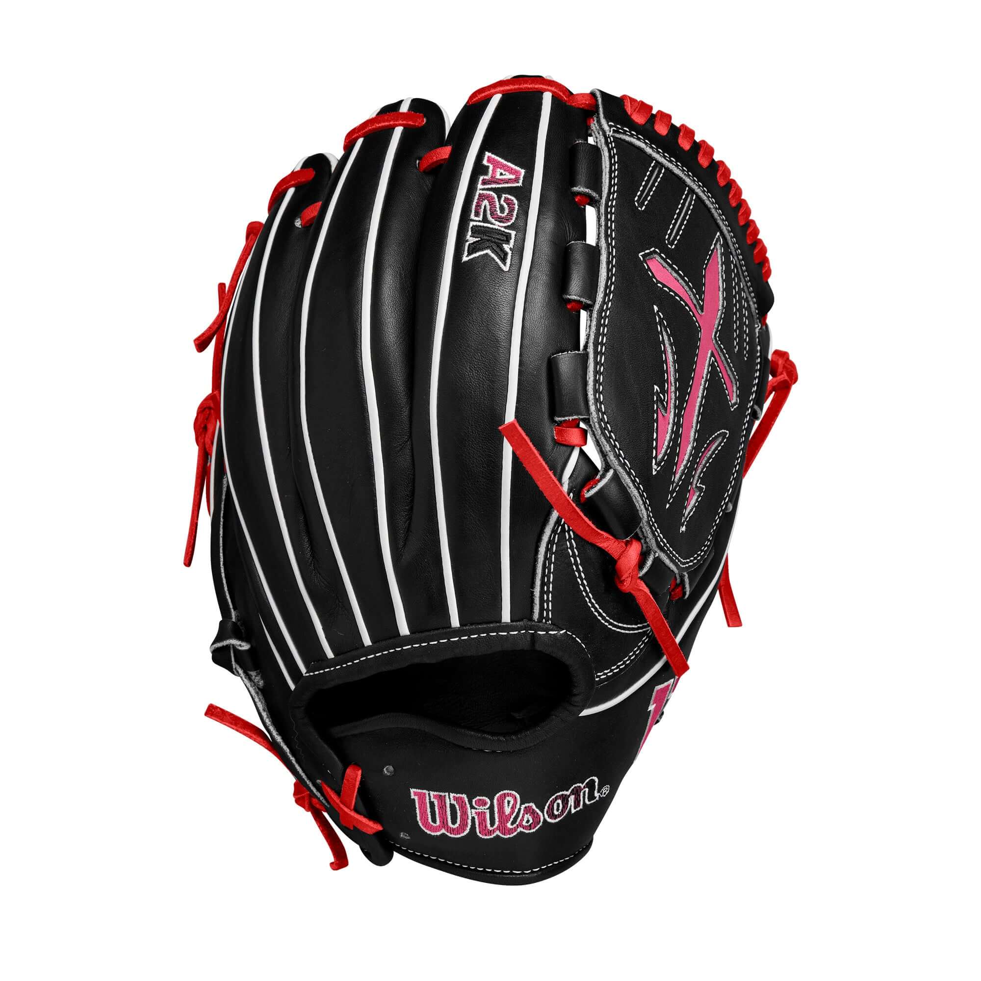 Black Wilson A2K B23 12 Pitcher's Glove, LHT, Pro Stock® Leather, Japanese Craftsmanship, Pink Accents.