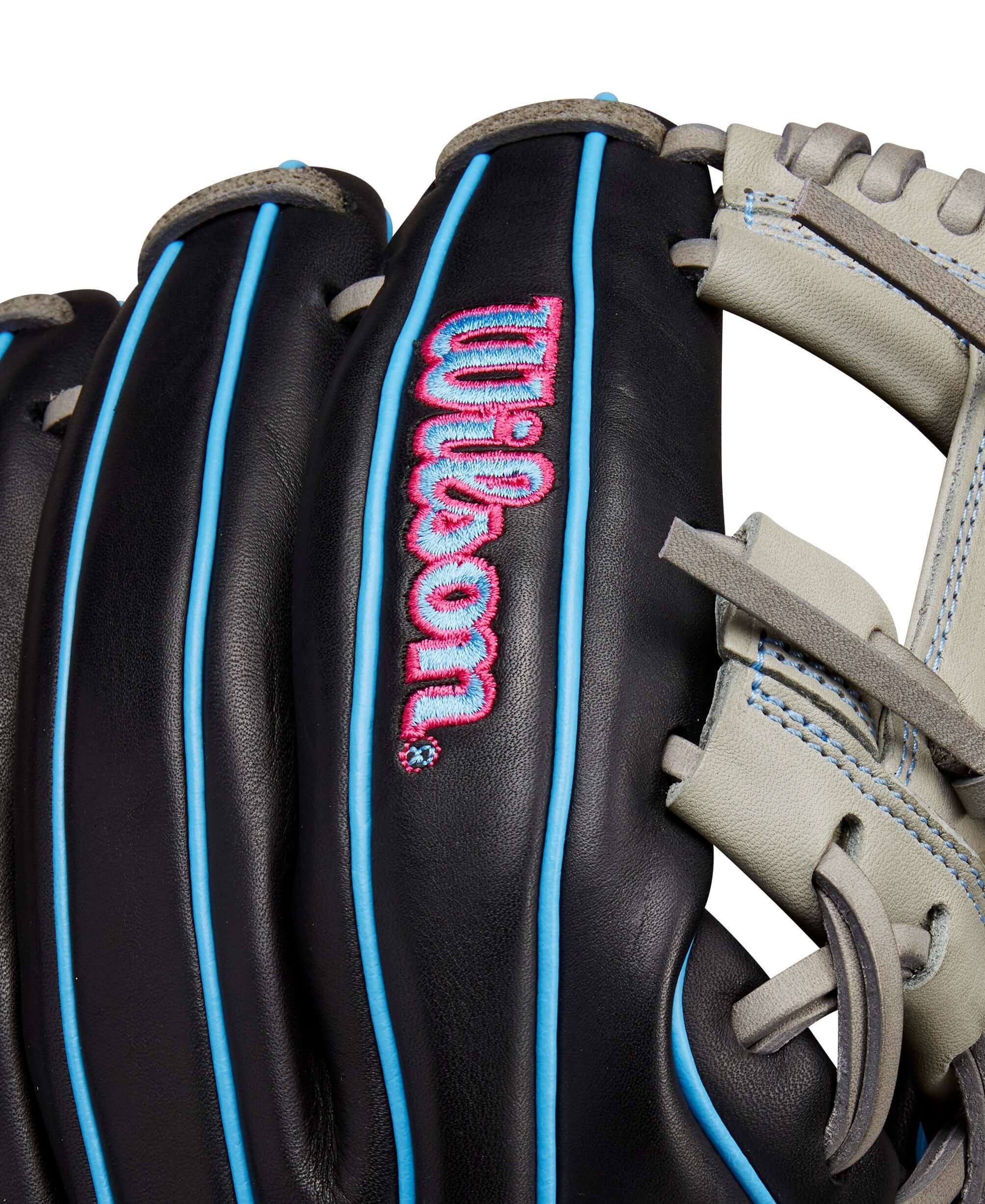 Wilson A1000 DP15 glove in black, grey, cool blue, and pink, showcasing full grain leather and H-Web design for young infielders.