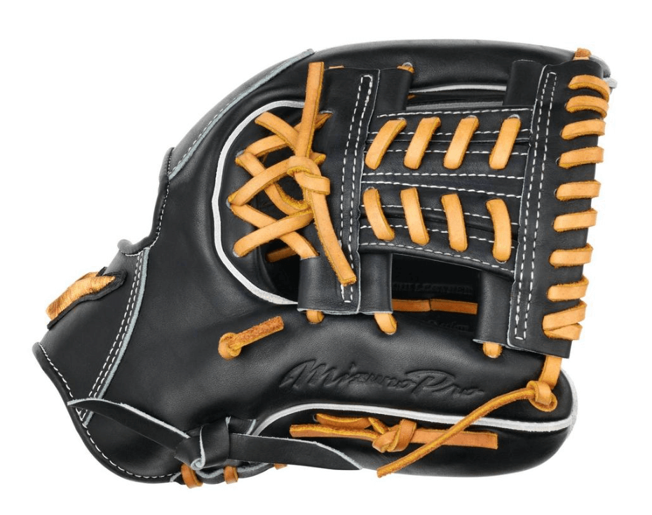 Mizuno Pro GMP-4000R INF glove showcasing premium black Deguchi leather with orange lacing and detailed craftsmanship.