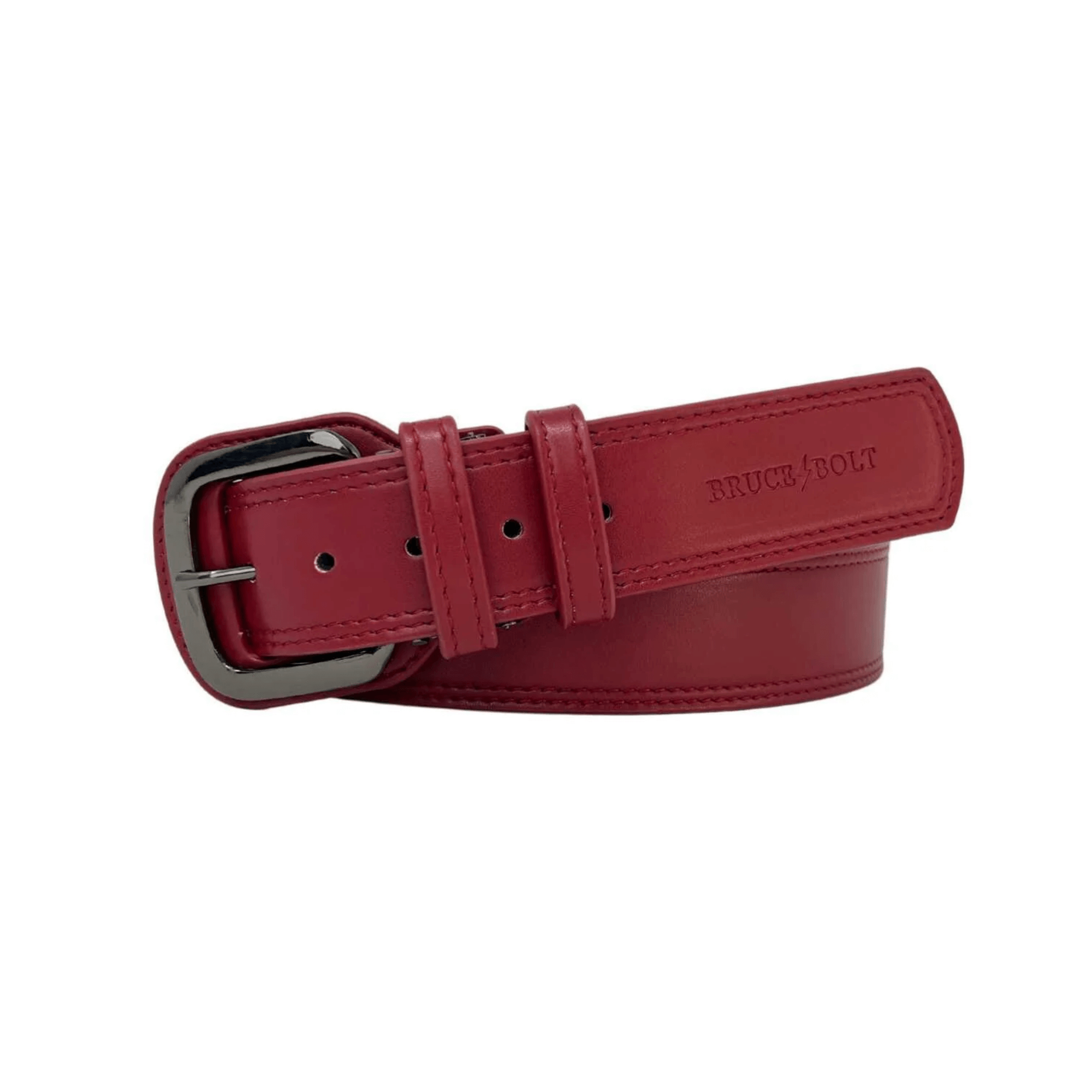 Bruce Bolt Adjustable Belt in maroon, curled to showcase premium synthetic leather