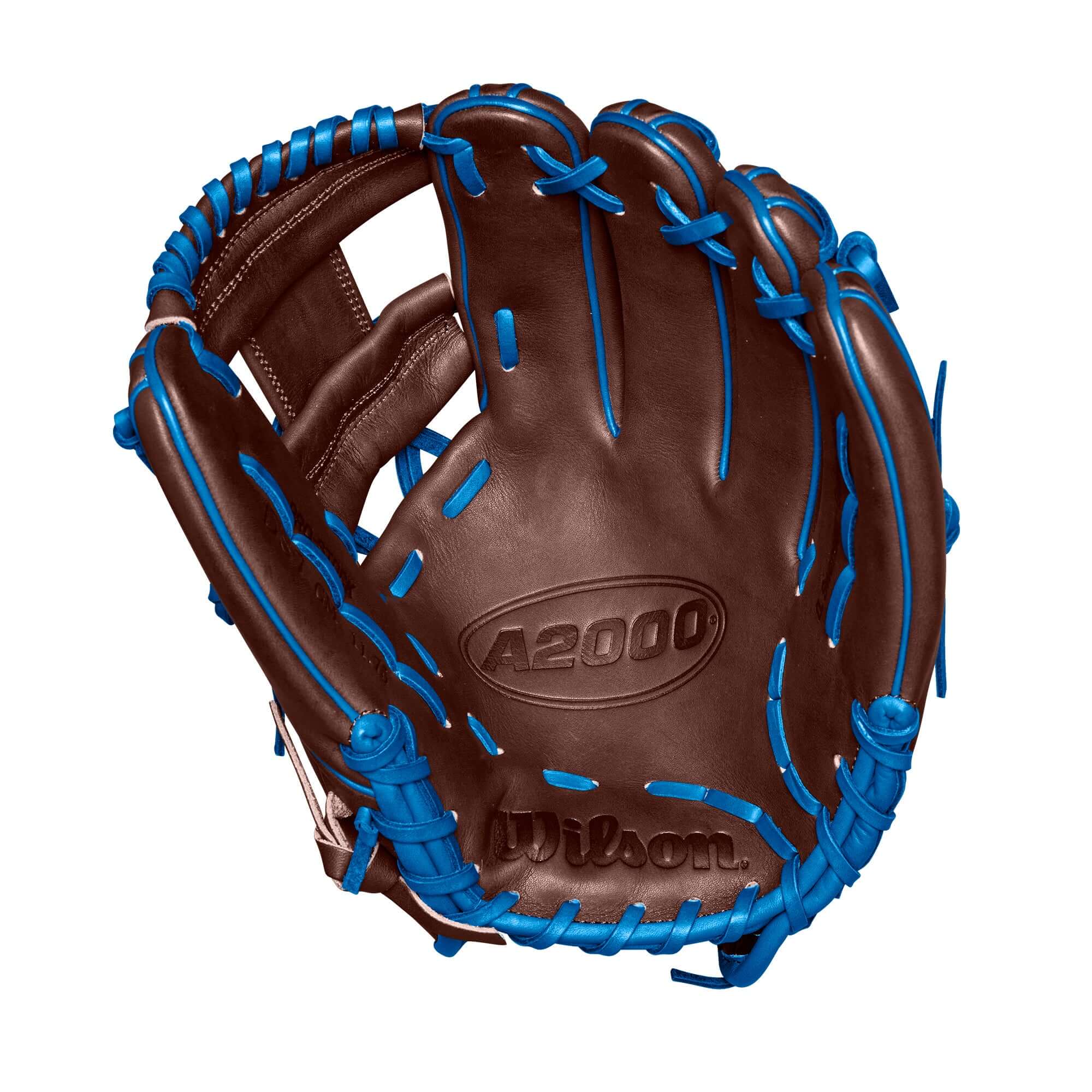 Wilson A2000 Dansby Swanson GM 11.75" glove, featuring high-quality leather and vibrant blue stitching for optimal performance.