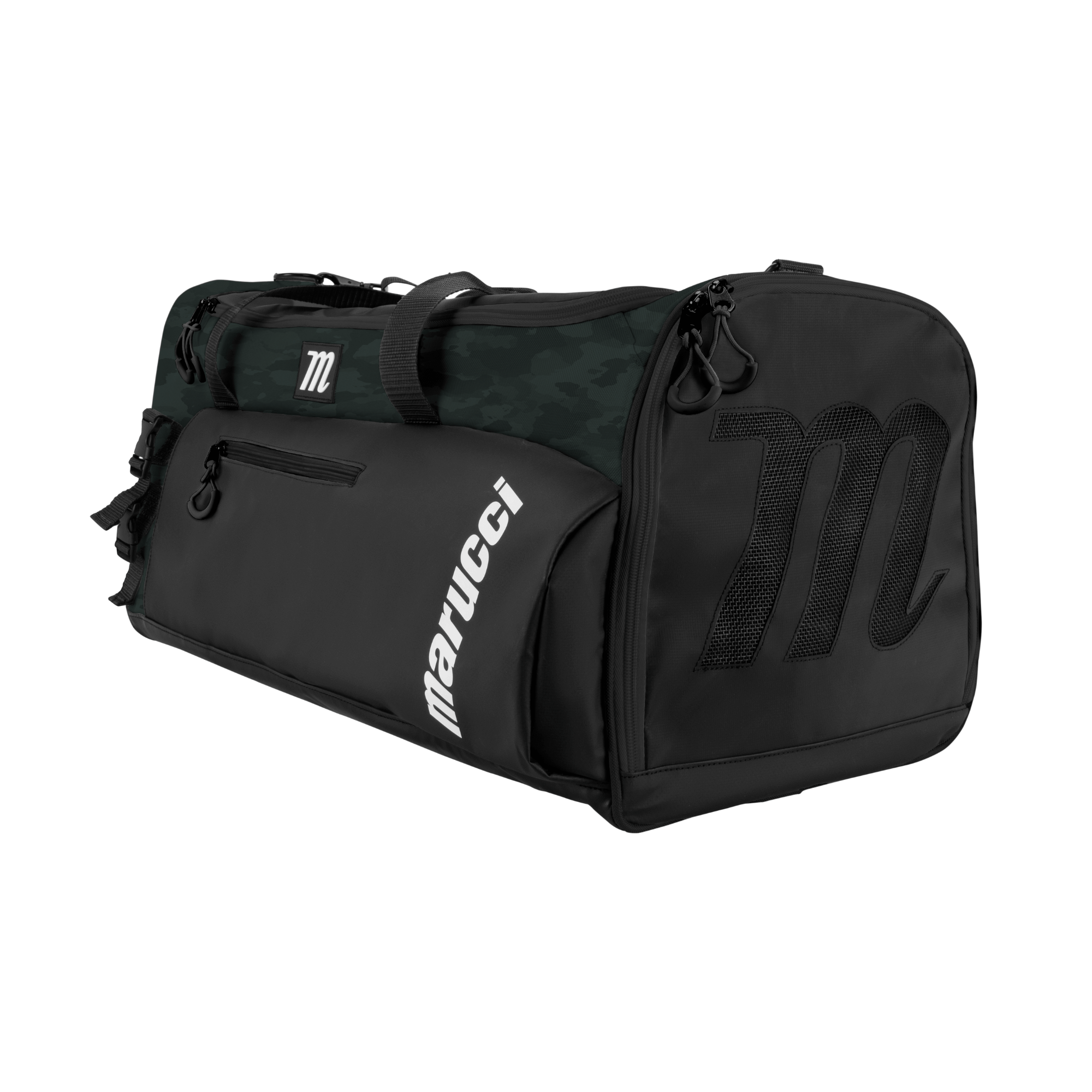 Marucci Pro Utility Duffel Bag V3 in Black and Duck Camo, featuring durable canvas and water-resistant design for gear protection.