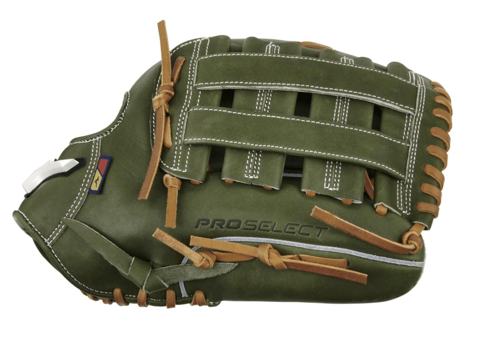 Mizuno Pro Select premium outfield glove in green, featuring high-quality Steerhide leather and durable construction.